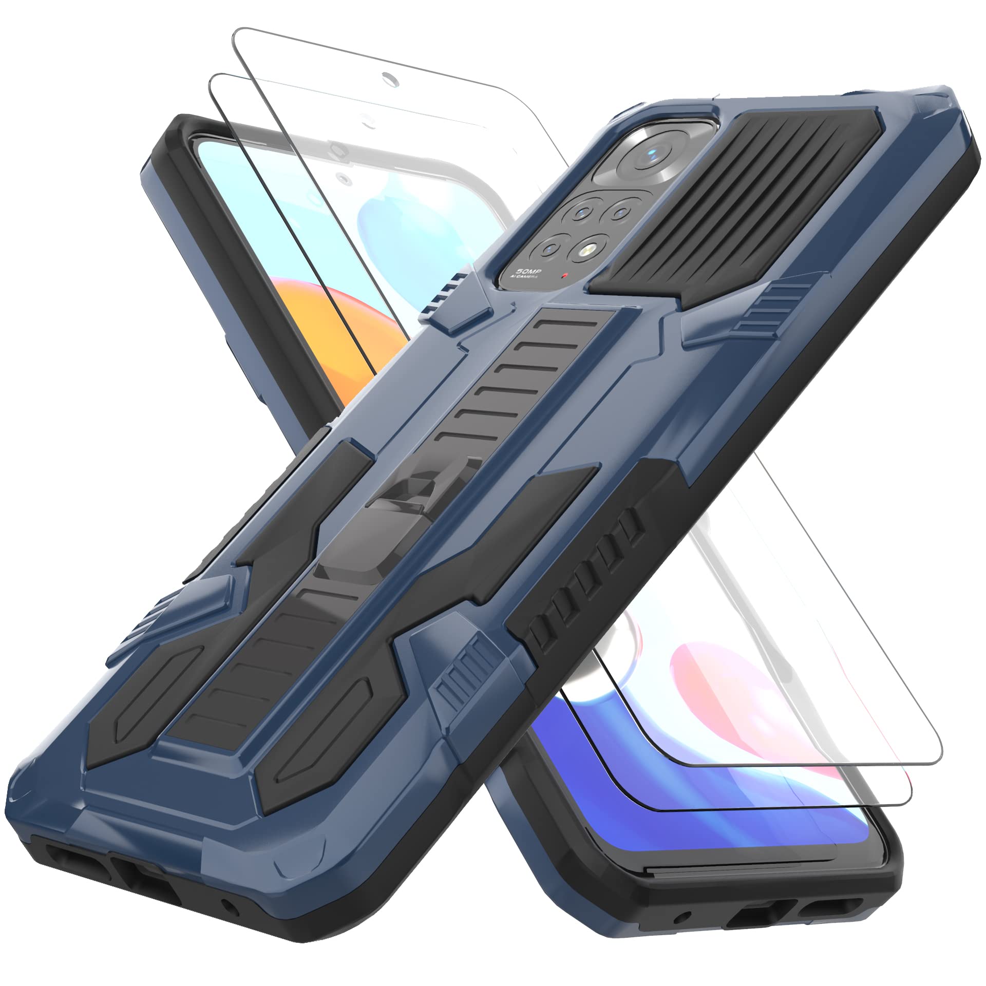 HTDELECMobile Phone Case Compatible with Xiaomi Redmi Note 11 / Note 11s 4G Case and 2 Pieces Tempered Glass Screen Protector, Bumper Stand Armour Case Cover - Blue