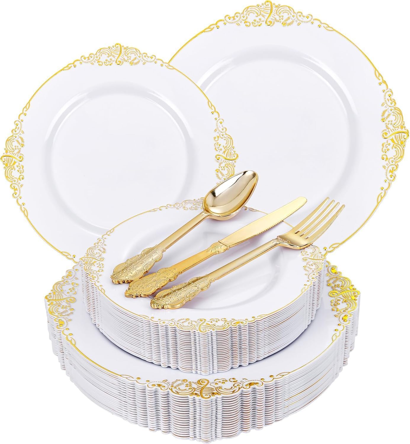 Wedding Plates & Silverware Set - 125PCS Gold & White -1