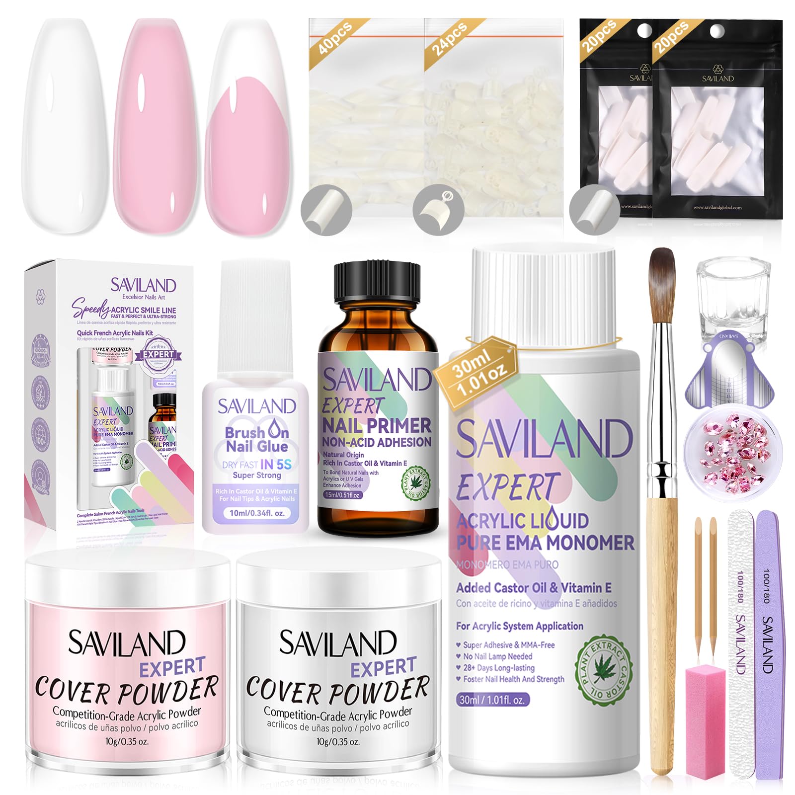 SAVILAND Acrylic Nail Kit, Keratin Acrylic Powder with French Tips | Complete tools everything for beginners, castor oil nail primer glue french tips rhinestones, DIY home salon 29-Acrylic Nail Kit