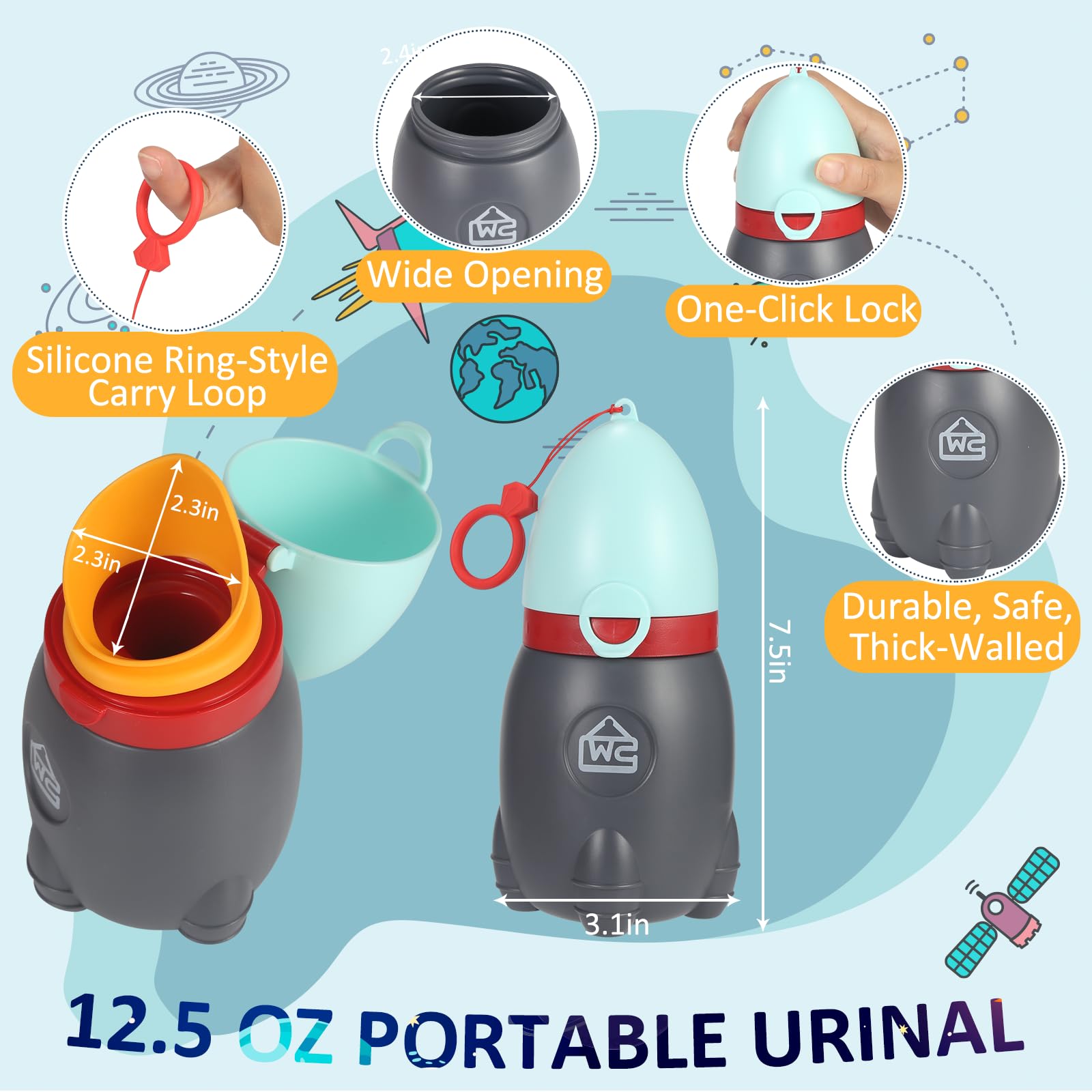 ONEDONE Portable Urinal for Kids Rocket Pee Cup for Kids Small Emergency Toilet Travel Urinal for Toddlers Boys Girls 12.5 OZ Pee Bottle for Kids Child Camping Car Travel Potty Training Baby Urinal Blue in use