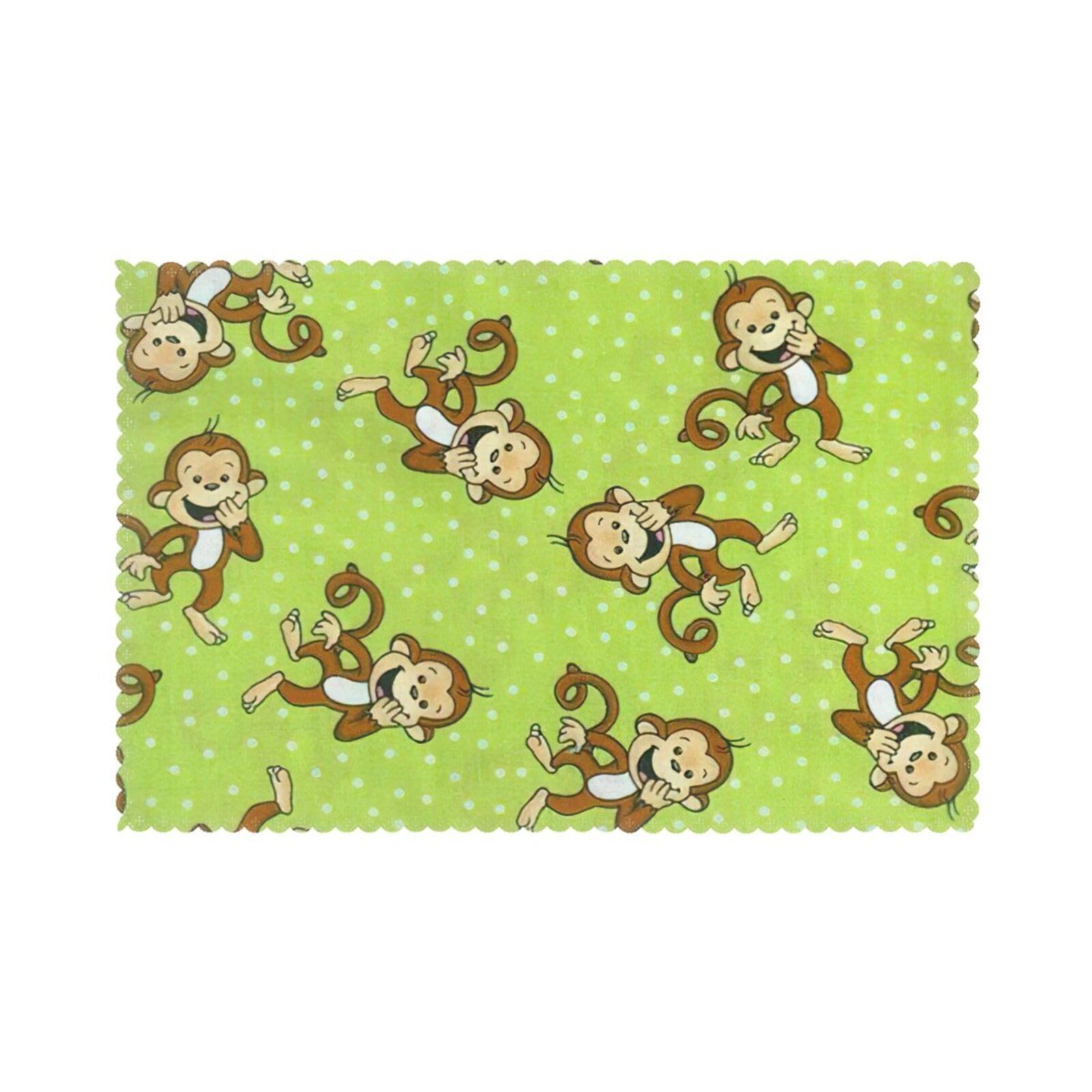 Green Clever Monkey Print Placemats for Dining Table Set of 6 12x18 Inch Table Mats for Party Kitchen Dining.