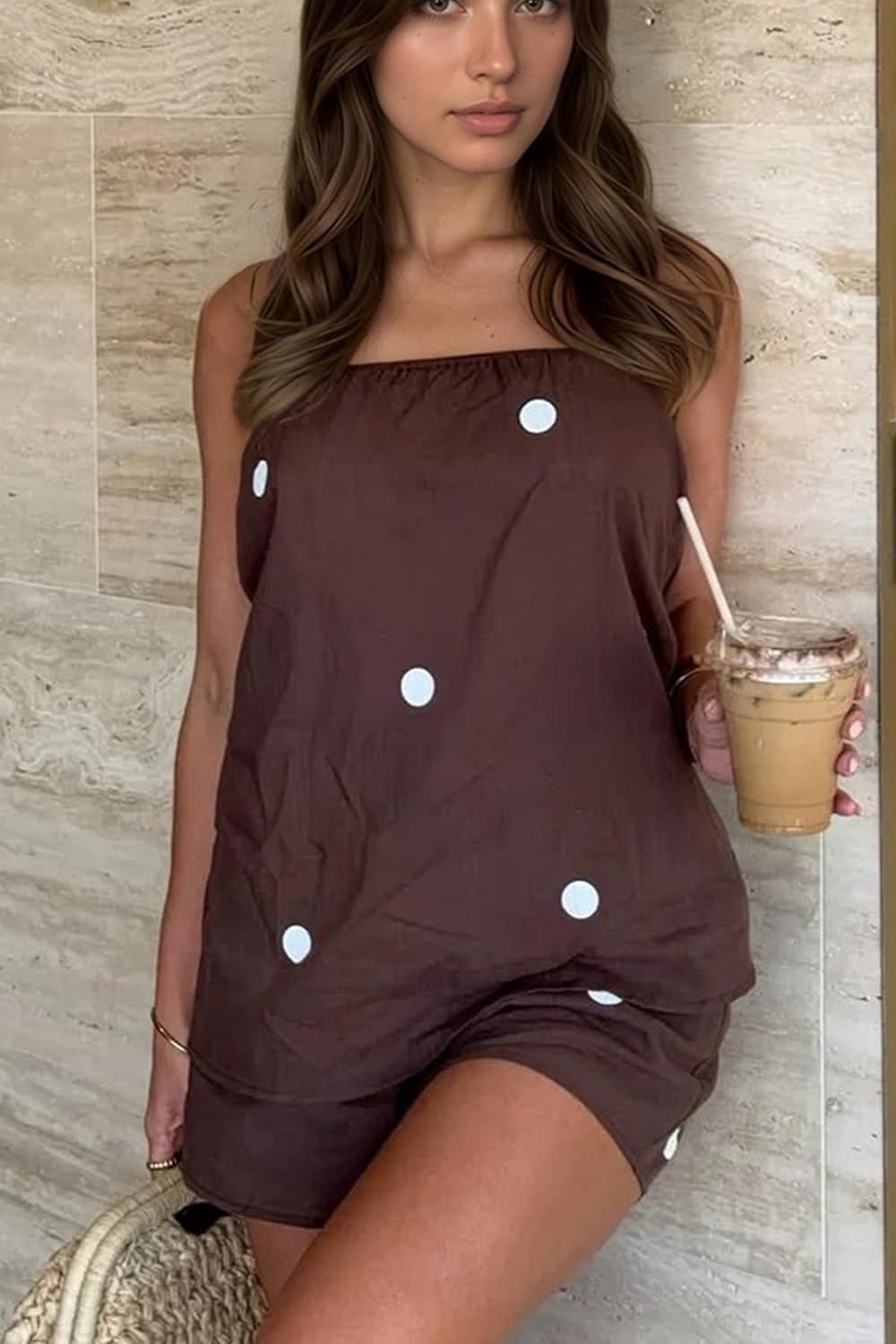 Women Polka Dot Short Sets 2 Piece Summer Lounge Sets Strapless Flowy Tube Tops Shorts Vacation Matching Outfits