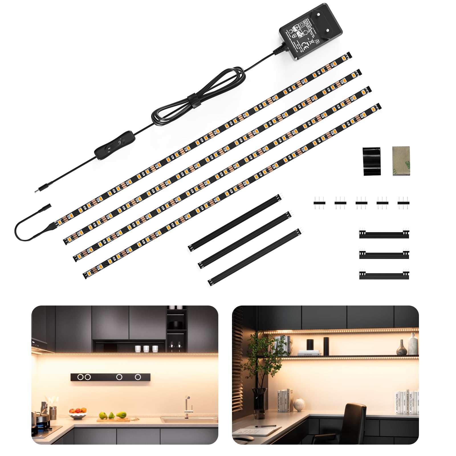 WOBANE Striscia Led Cucina Sottopensile 2 metri, 4X50cm Strisce Led Adesiva per Cucina con Interruttore e Spina, 1200LM Illuminazione Sotto Pensile per Vetrine,Scrivania,TV,Bianco Naturale 4000K,Nero