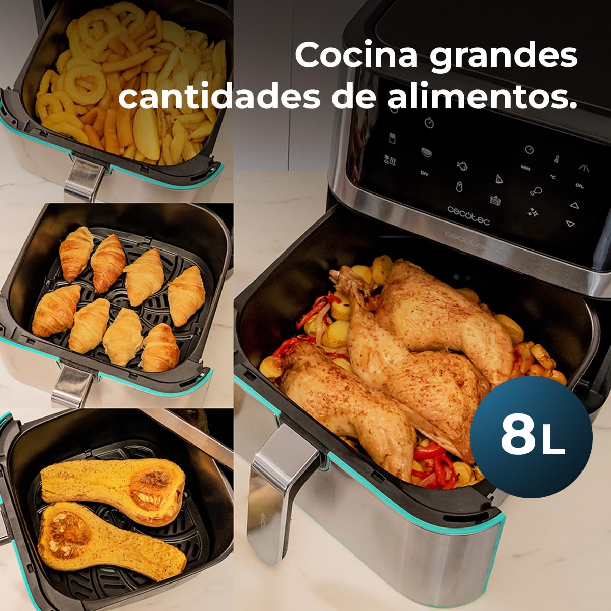 Cecotec Freidora de Aire sin Aceite de 8 L Cecofry Supreme 8000 Air Fryer. 1800 W, Panel Táctil, 30º-200 ºC, 10 Modos Preconfigurados, Pre-heat, Alerta, Acabados en Acero Inoxidable — view 4