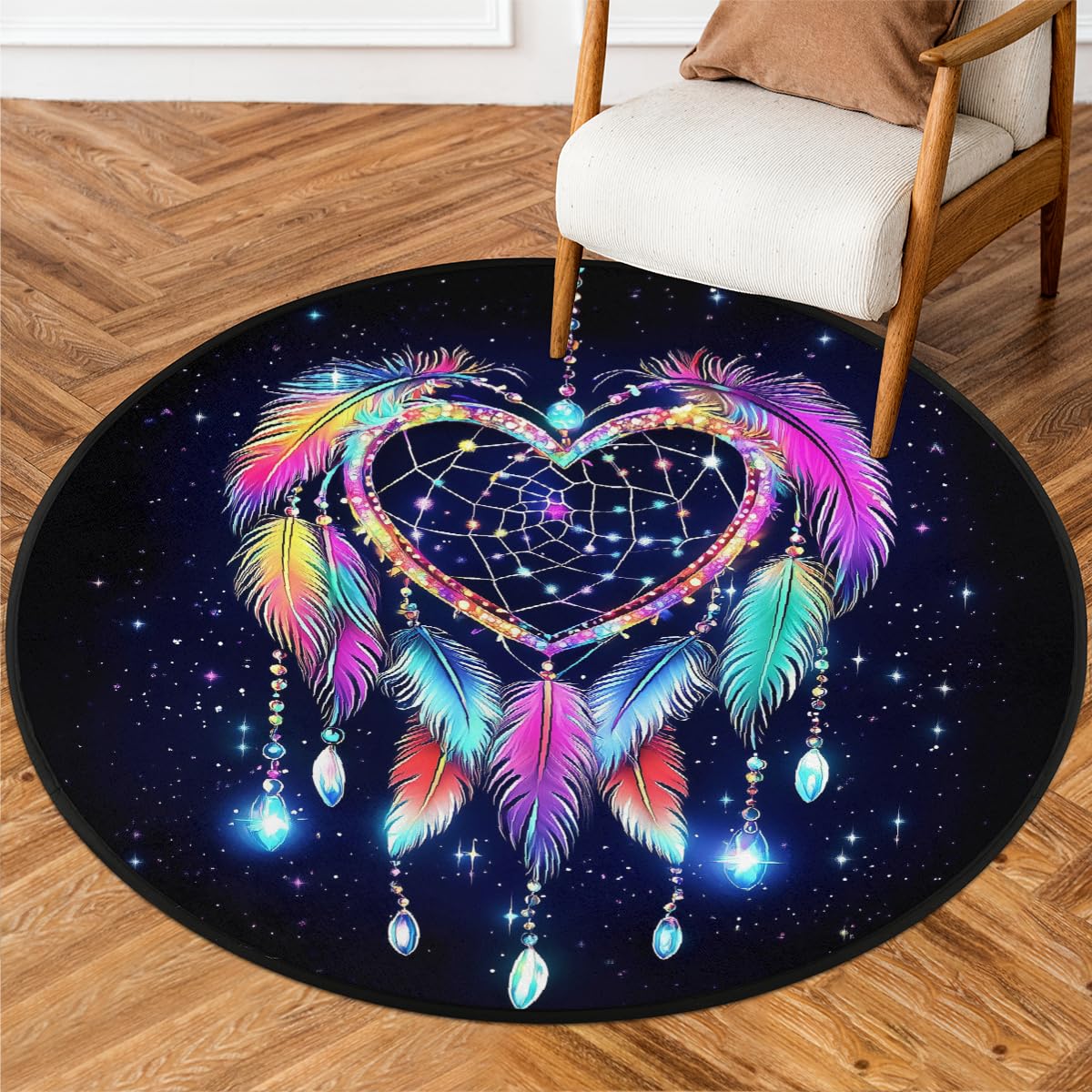 Herz-Traumfänger-Neon-Teppich, rund, waschbar, Gaming-Teppich für Schlafzimmer, Wohnzimmer, Arbeitszimmer, Bodenmatte, 160 cm