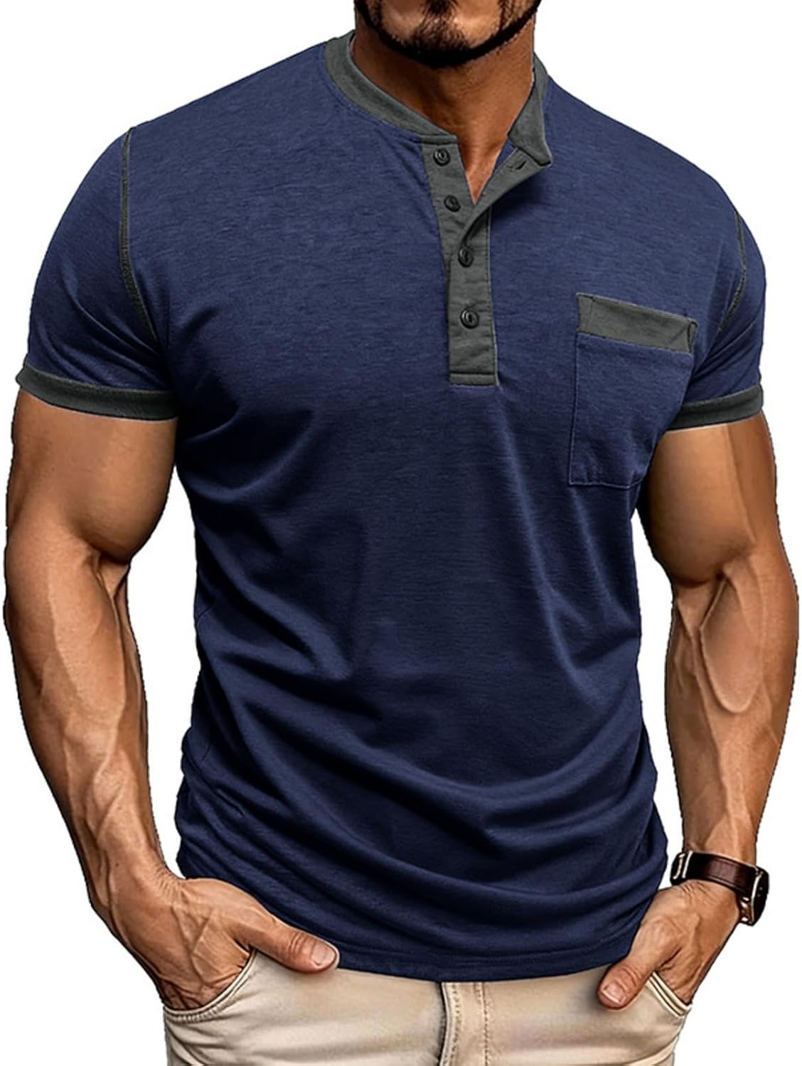 WENKOMG1 Men's Casual T Shirts Short Sleeve Casual Daily Basic Retro Henley Button Shirt, M-3XL