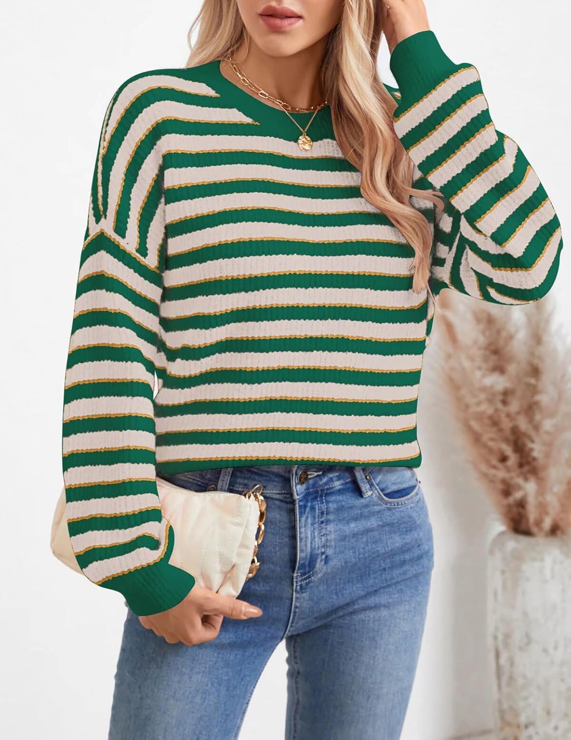 Womens Oersized Striped Crewneck Ribbed Knit Sweater Spring 2026 Ladies Dressy Long Sleeve Pullover Sweaters - Image 4