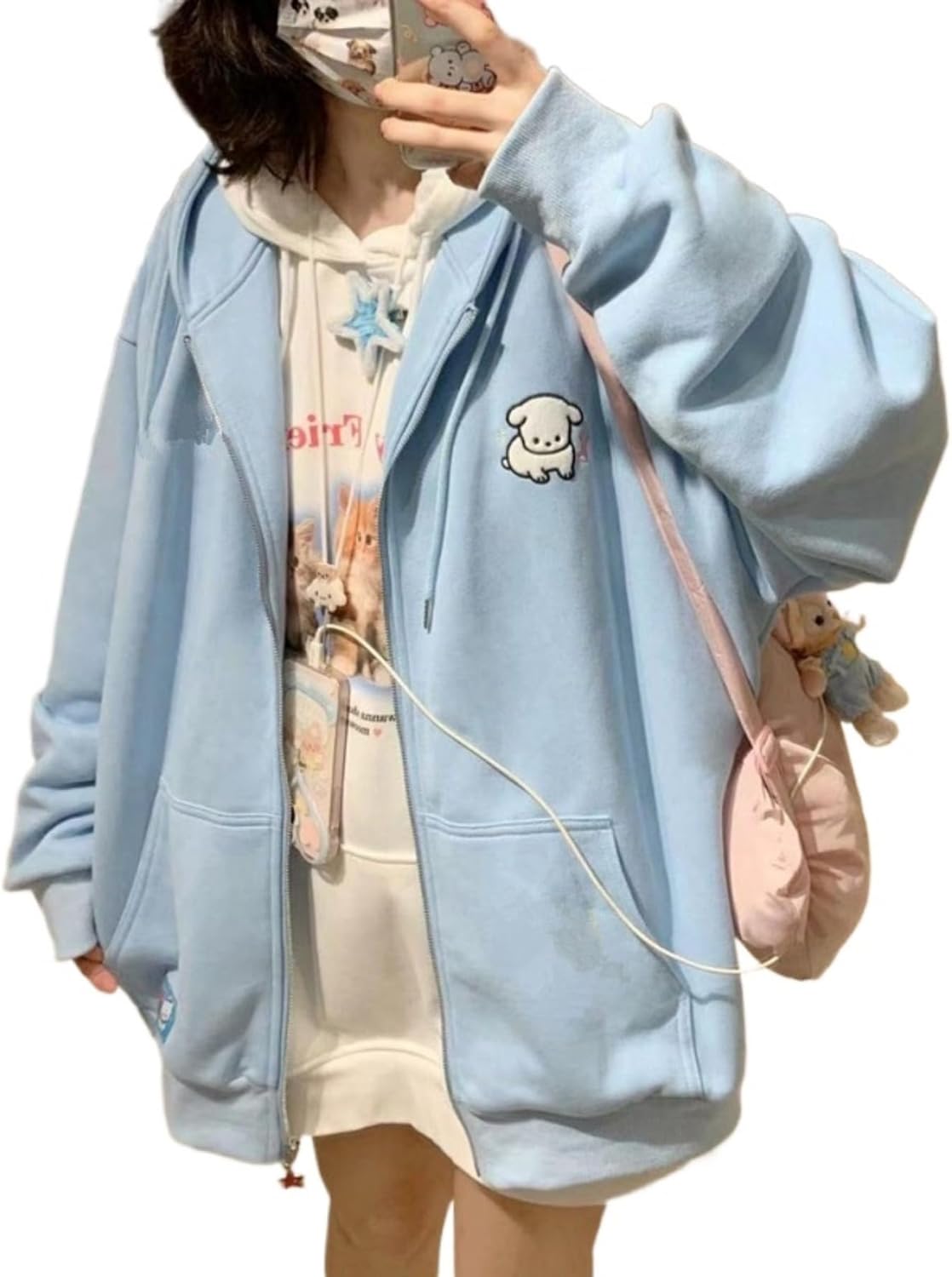 Kawaii Zip Up Hoodie Cute Cartoon Print Oversized Hooded Sweatshirt Harajuku Kawaii Pullover Jacket
