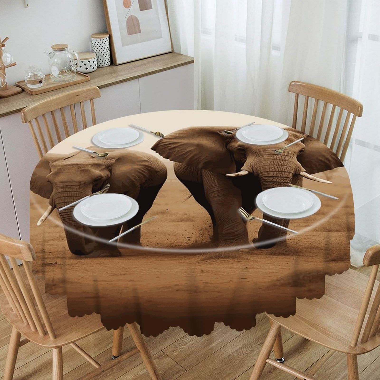 FekiLoot Wild Animals Elephants Round Tablecloth Waterproof Spill-Proof Wipeable Table Cloth Wrinkle Free Circle Dining Table Cover for Dining Kitchen Wedding Parties Machine Washable