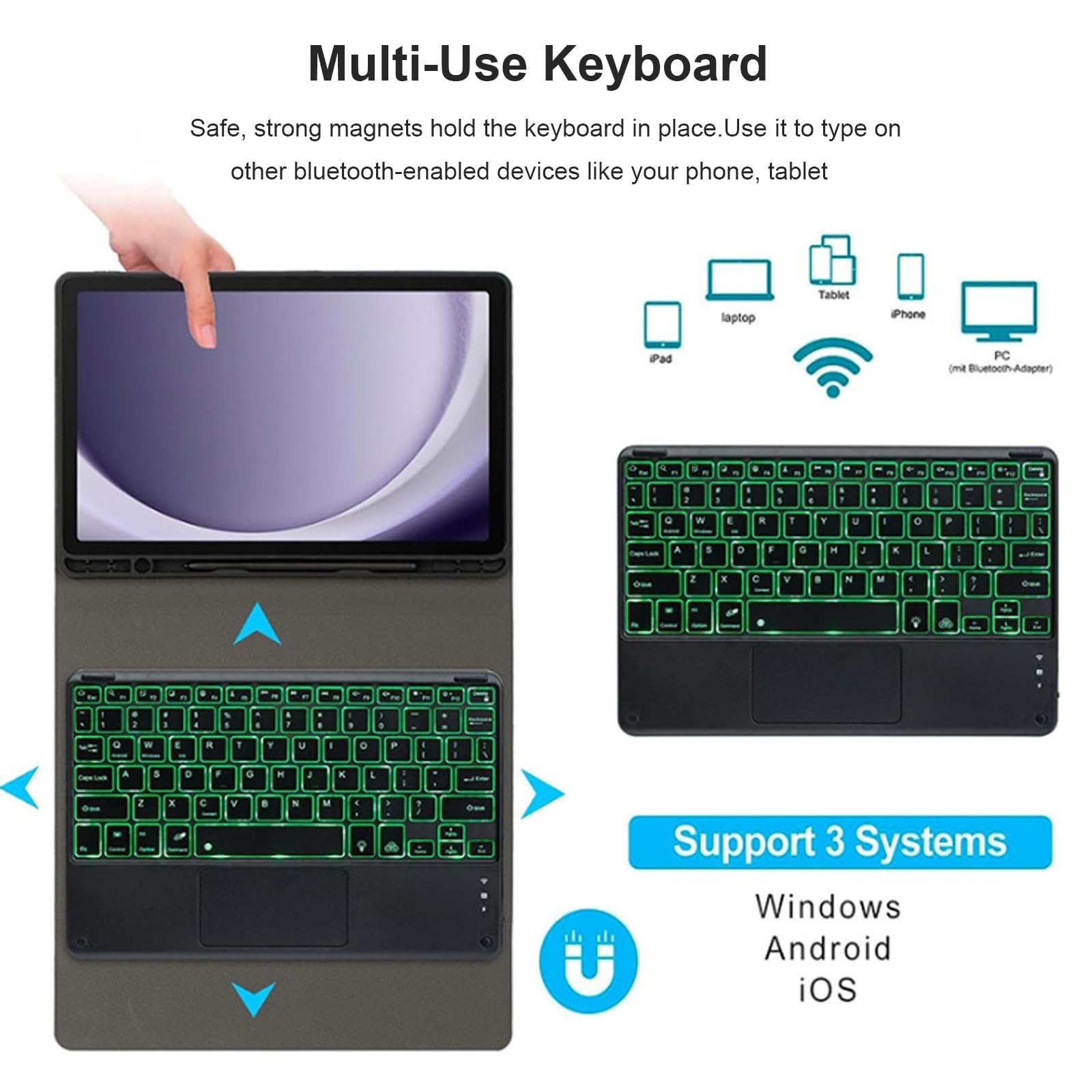 Etui klawiaturowe do Samsung Galaxy Tab S10FE Plus 13,1'' 2025, podświetlany 7 kolorów, inteligentny panel dotykowy, odłączana magnetyczna klawiatura bezprzewodowa z uchwytem S Pen, zielone