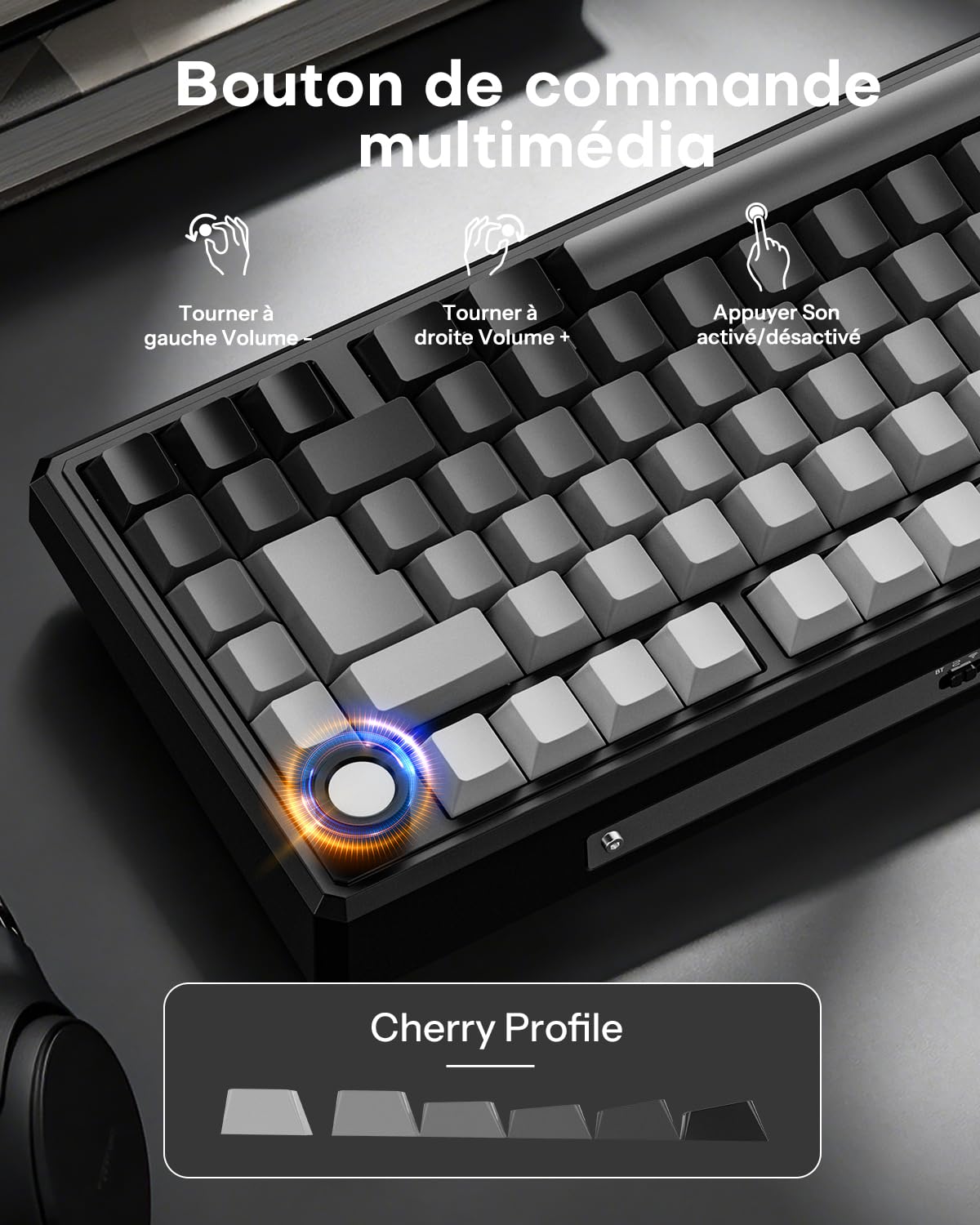OMOTON Clavier Gamer 75% Mécanique QMK Via, Clavier sans Fil/Filaire Bluetooth 2,4 GHz, Clavier Gaming AZERTY PBT Side-Printed, Rétroéclairage RGB, Red Switch, Hot-Swap avec Volume pour PC/Mac/PS5
