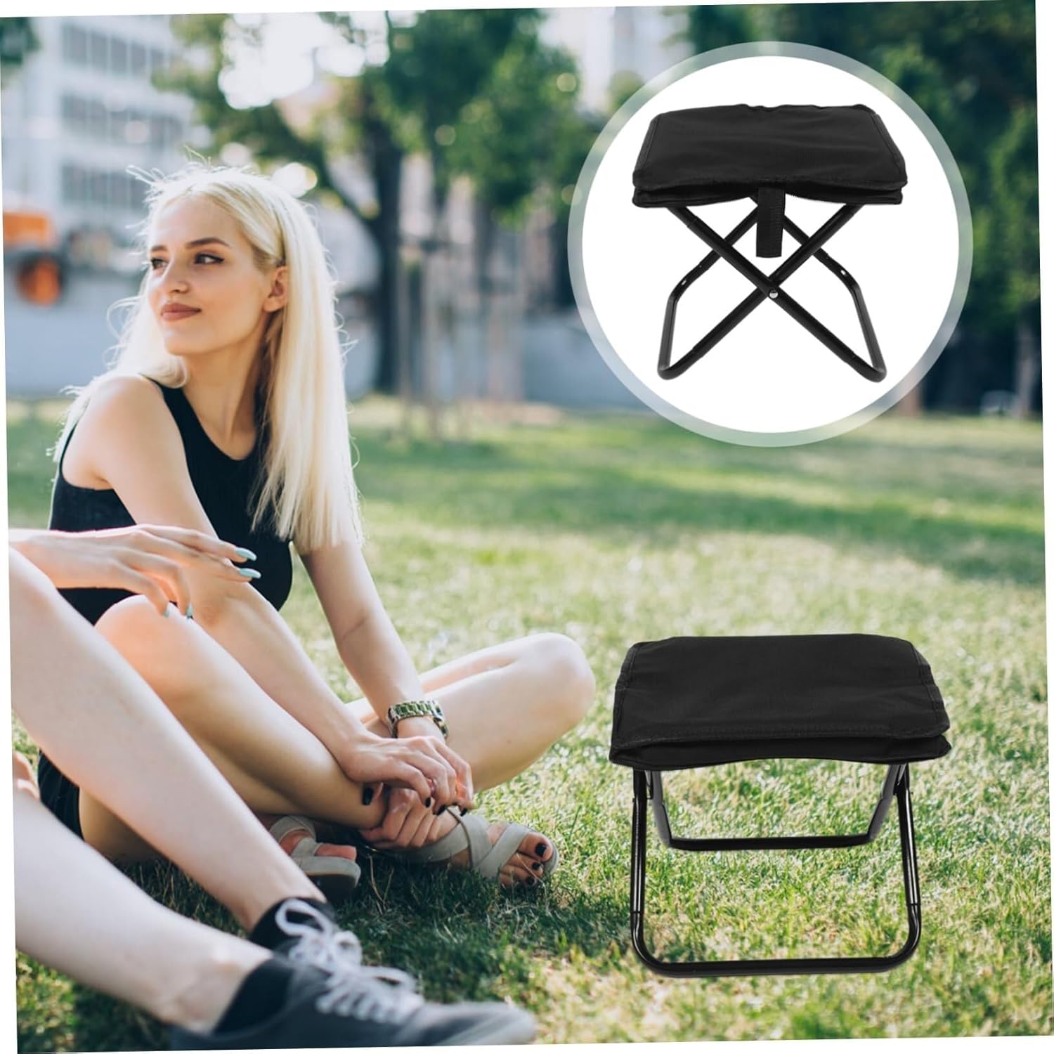 Stepstools Portable Folding Camping Stool Durable Oxford Garden Step Stool Carbon Steel Frame Chair for Fishing BBQ and Outdoor Step Stool(Khaki,25 * 29 * 31cm)