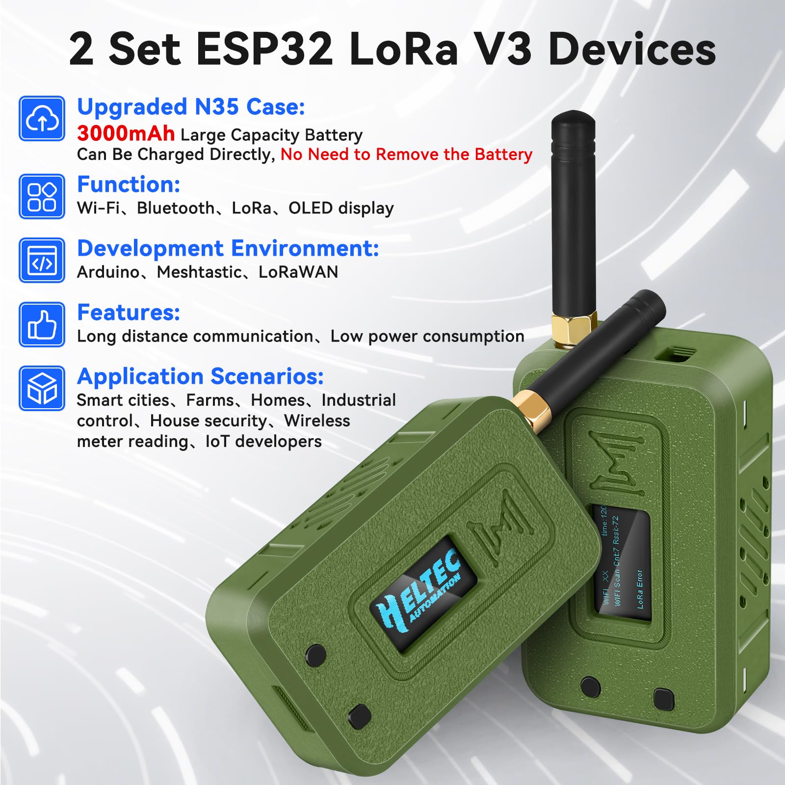 ESP32 LoRa V3 Module Kit With 915MHz Antenna, 3000mAh Battery & Case ESP32 LoRa V3 Module Kit With 915MHz Antenna, 3000mAh Battery & Case