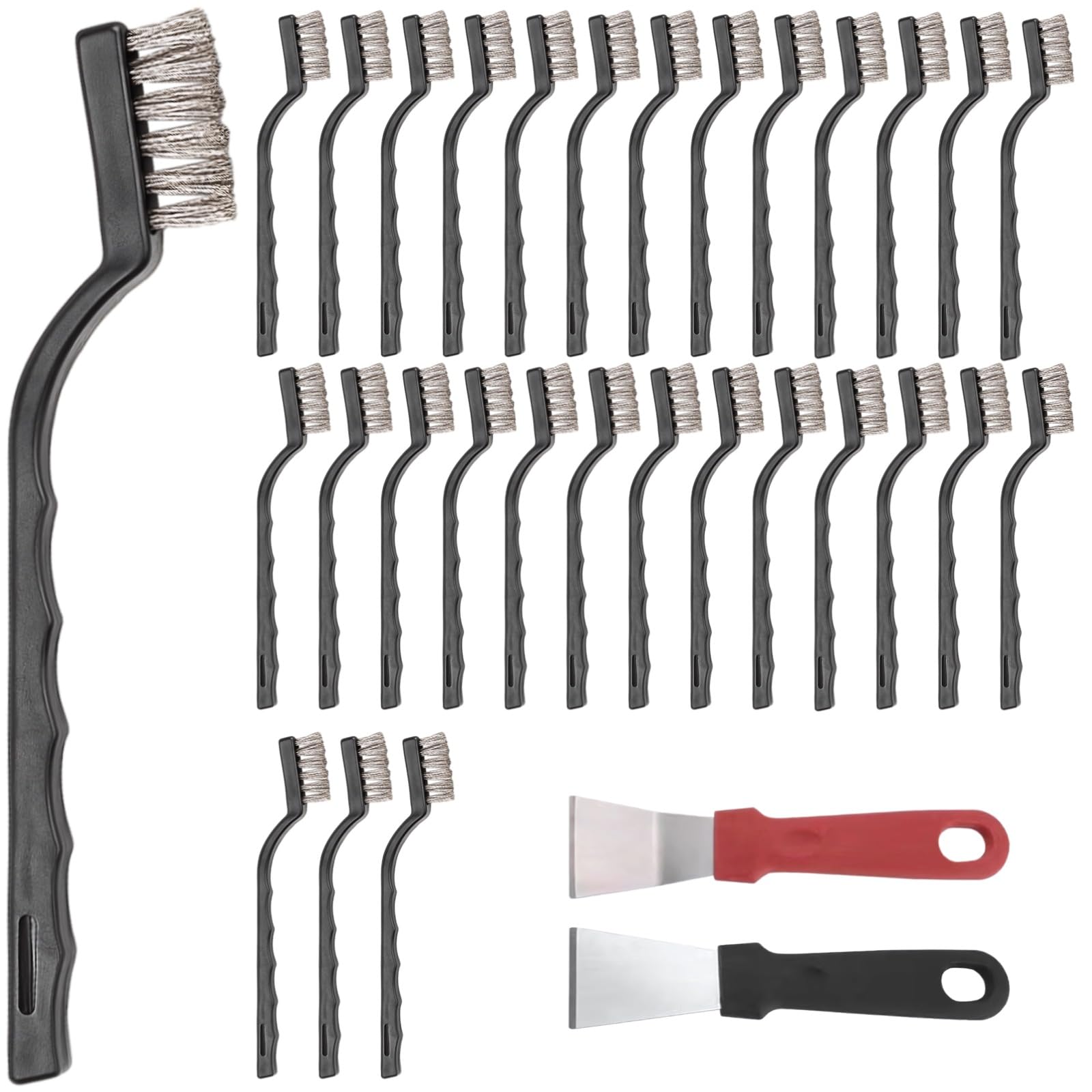 Lot de 30 brosses métalliques 18 cm en acier inoxydable pour décapage, avec 2 grattoirs, poignées ergonomiques antidérapantes, nettoyage surfaces métalliques