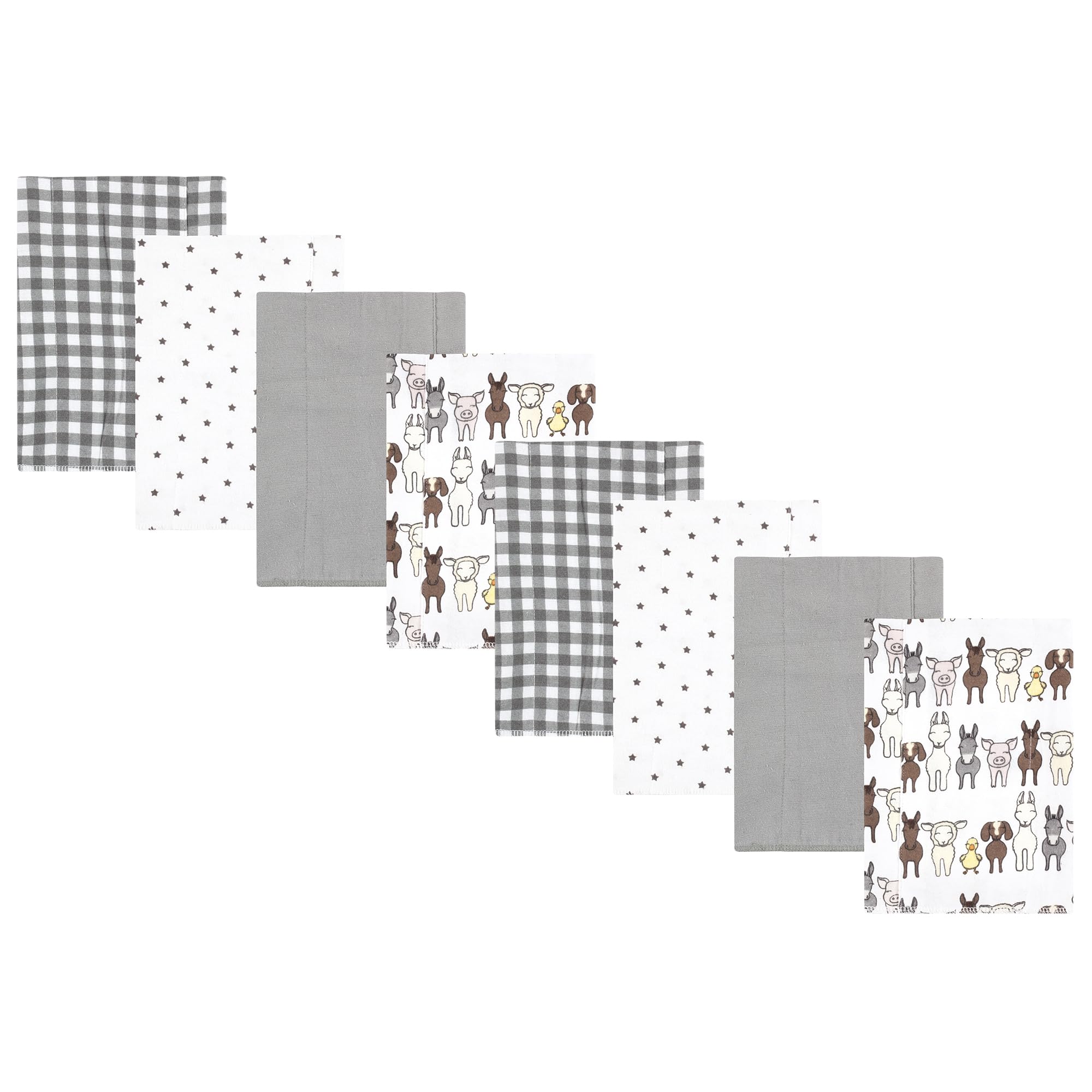 Hudson Baby Cotton Poly Flannel Burp Cloths Multipack, Farm Friends Grey 8-Pack, One Size