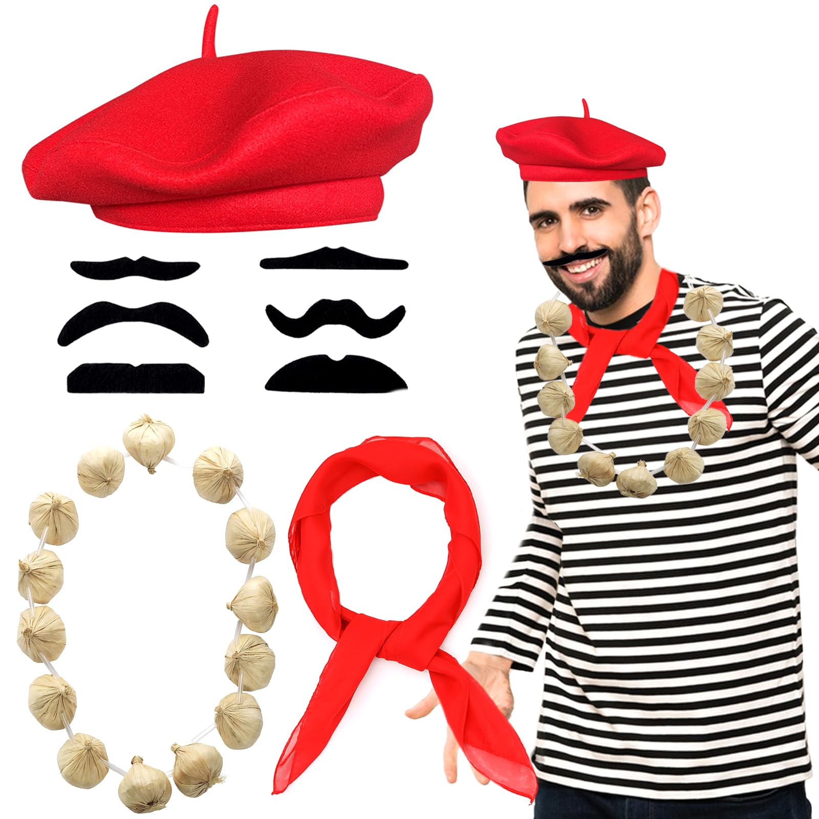 Beamely French Men's Set - Fancy Dress Costume Accessories Kit with Red Beret, Moustache Scarf, Garlic Necklace for Cosplay & Party Supplies