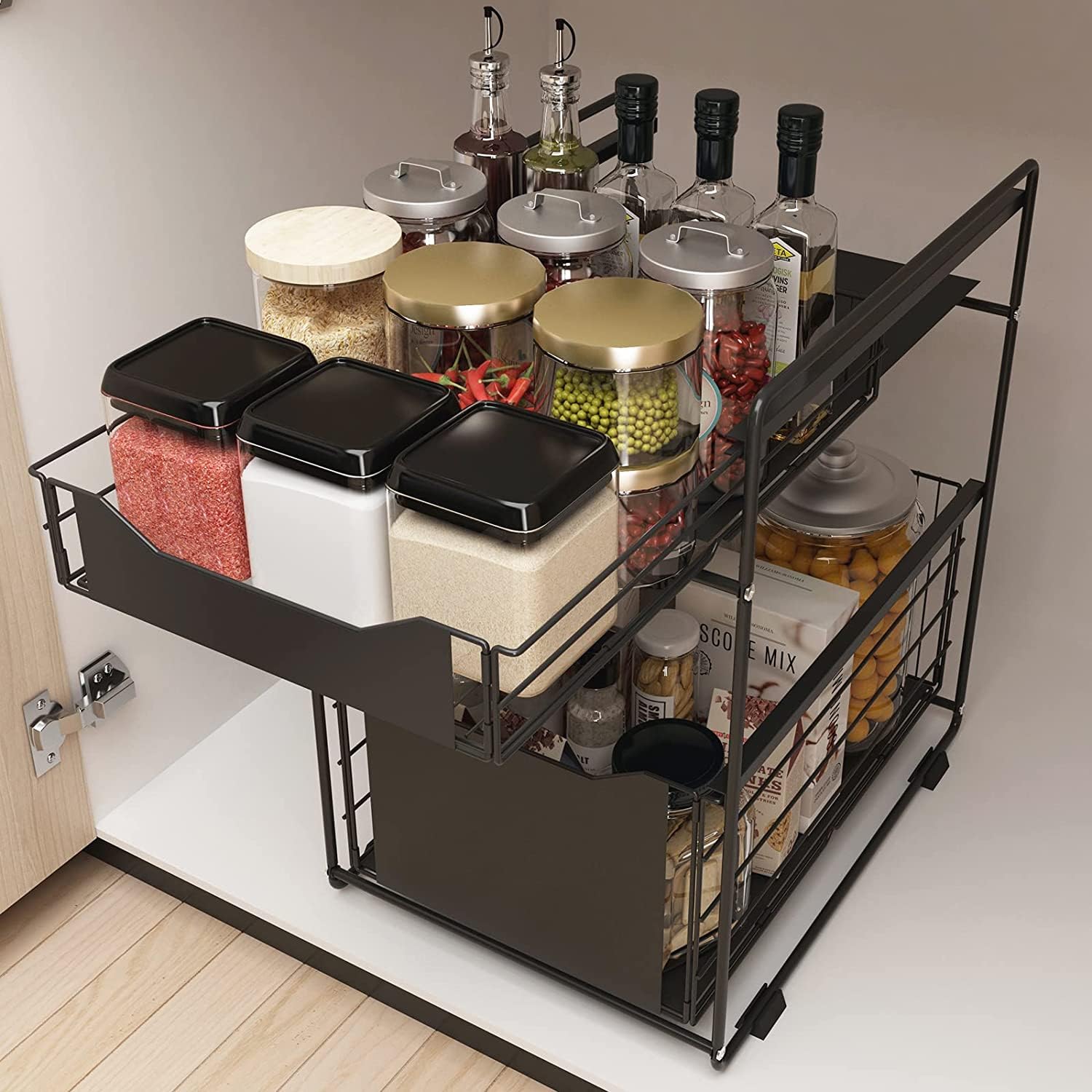 Rangement Sous Évier à 2 Niveaux, Panier de Rangement Coulissant, Tiroir Télescopique d'armoire, Étagères à Épices Coulissante, Étagère Rangement pour Cuisine,Bureau,Salle de bain (Noir)