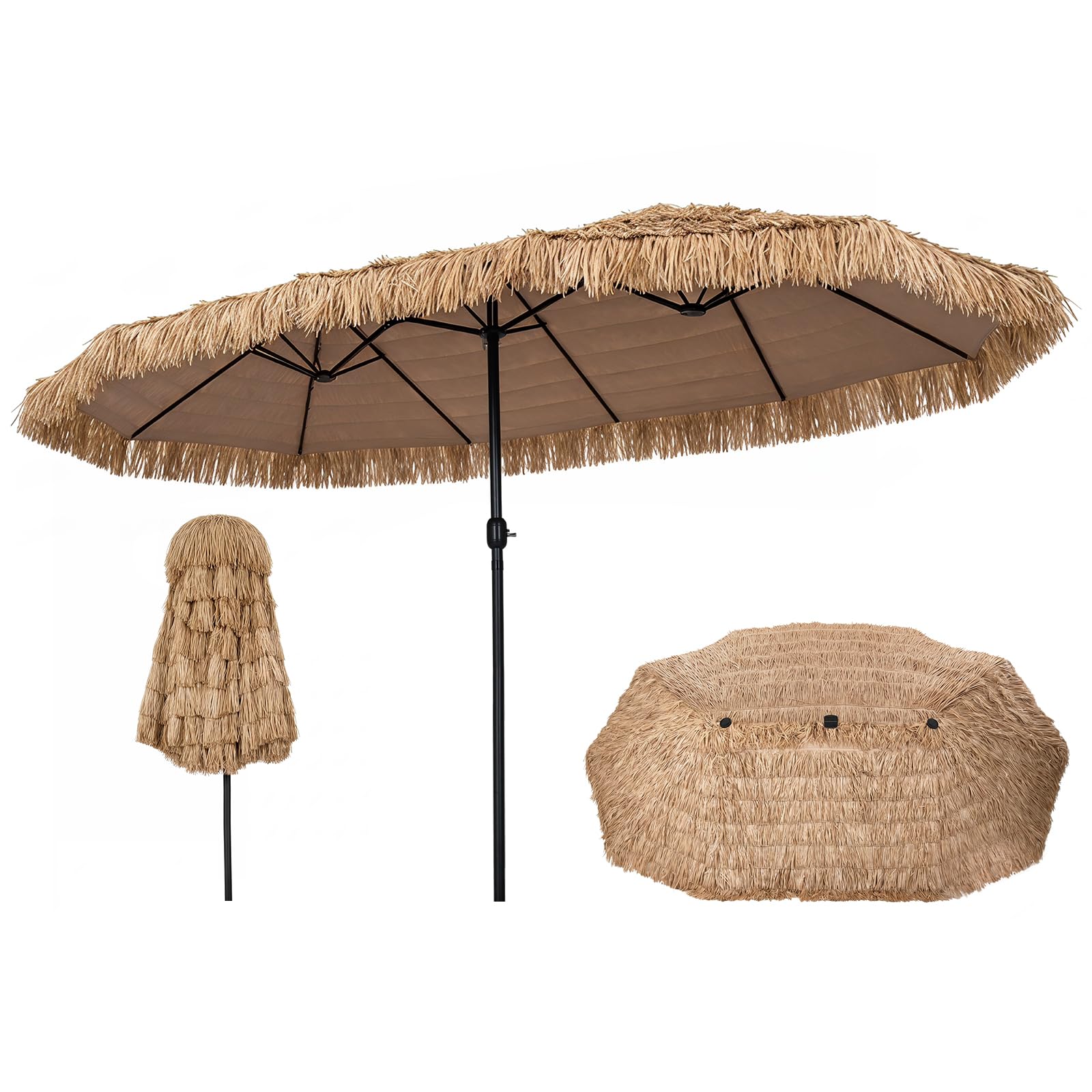 COSTWAY 4.5m Double-Sided Thatched Tiki Parasol, Outdoor Extra Large Sun Umbrella with Crank Handle & 12 Ribs, Hawaiian Style Twin Market Sunshade Shelter Canopy for Garden Patio (Brown, no Base)