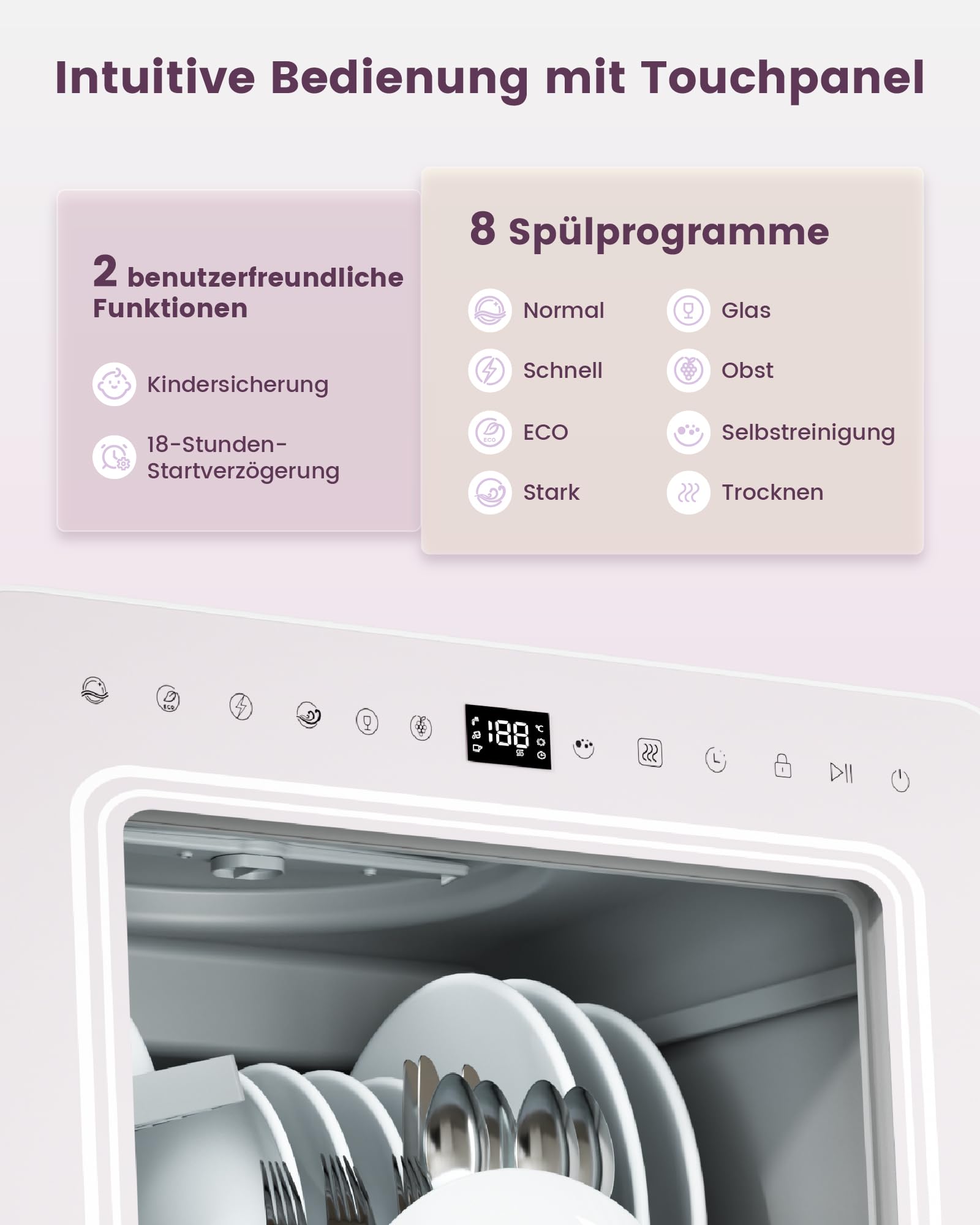 HAVA Tischgeschirrspüler mit Wasserenthärter, 8 Programmen, Kindersicherung, verzögerter Start, keine Installation erforderlich - Zarter Flieder