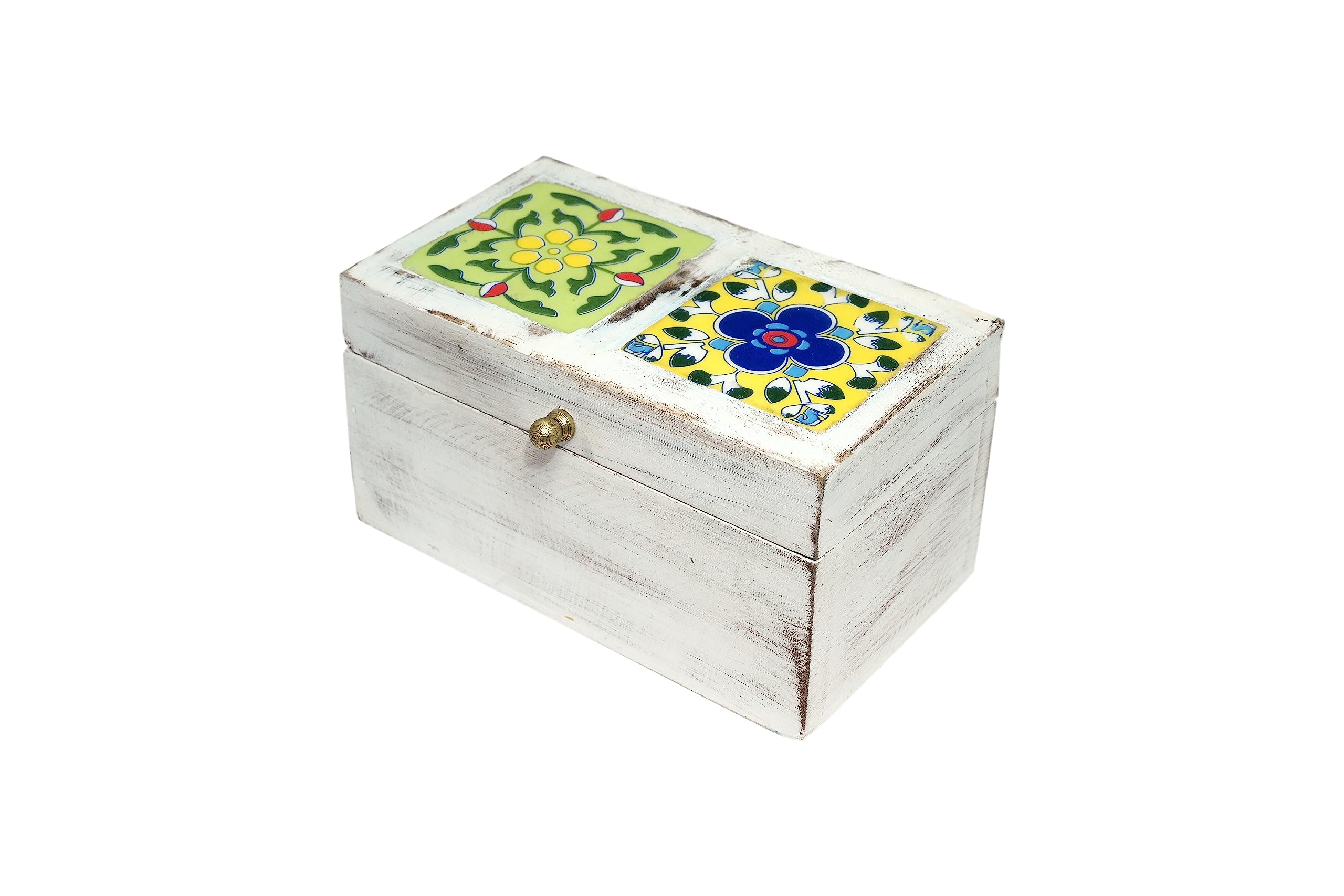 JGARTSJGARTS Wooden Hand Painted Chest Jewelry Box Embedded 2 ceramic tile Wooden box Trinket Box white distressed Mother's Day Gift Boho Style Christmas gift