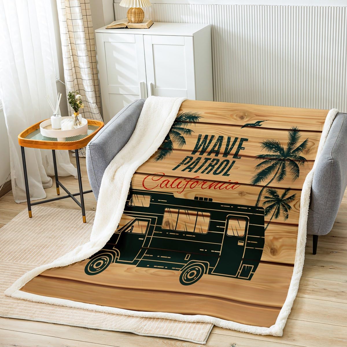 Loussiesd Beach Plush Blanket Ocean Sea Throw Blanket Summer Holiday Vacation Retro Wooden Sherpa Blanket for Bed Sofa Microfiber Tropical Leaves Warm Single 50x60 Inch — image 1