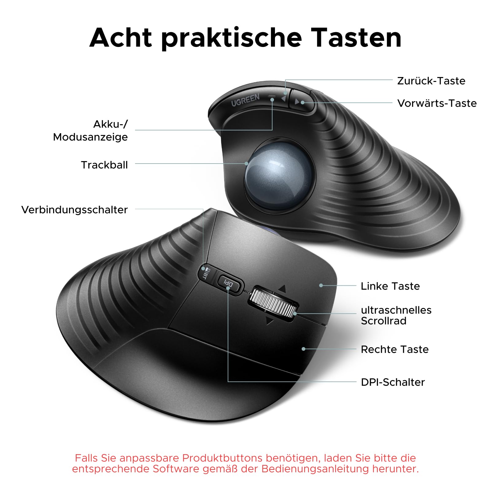 UGREEN Kabellose Trackball Maus Wiederaufladbare Ergonomische Maus | Bluetooth Maus mit Fingerbedienung, Ultra-schnelles Scrollen, 2.4G & Bluetooth Multi-Geräte für PC, Mac, Windows