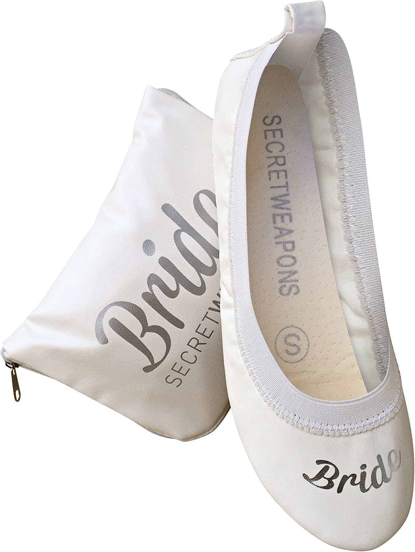 White Bride & Bridesmaid Fold Up Ballet Flats-Foldable Bridal Wedding Party Shoes with Bride & Bridesmaid Print-Cute Purse unfolds into a Tote Carry Bag