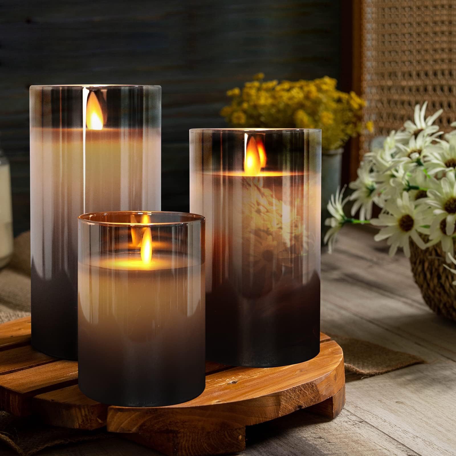 Led Grey Glass Flameless Candles with Remote Control Battery Operated Flickering Warm Light LED Pillar Candles Real Wax D 3" H 4" 5" 6"