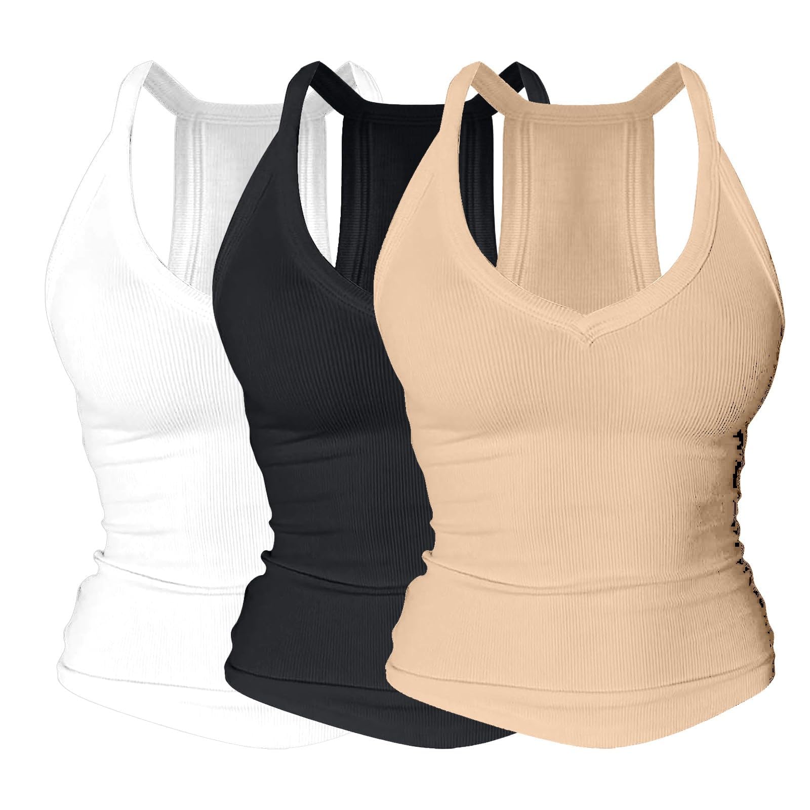 Confezione da 3 Pezzi Canotta Donna Scollo a V Racerback Schiena Incrociata Imbottita Senza Maniche, Tank Top Costine Slim Fit Aderente Comoda per Yoga Palestra Allenamento Uso Casual Basic Estiva