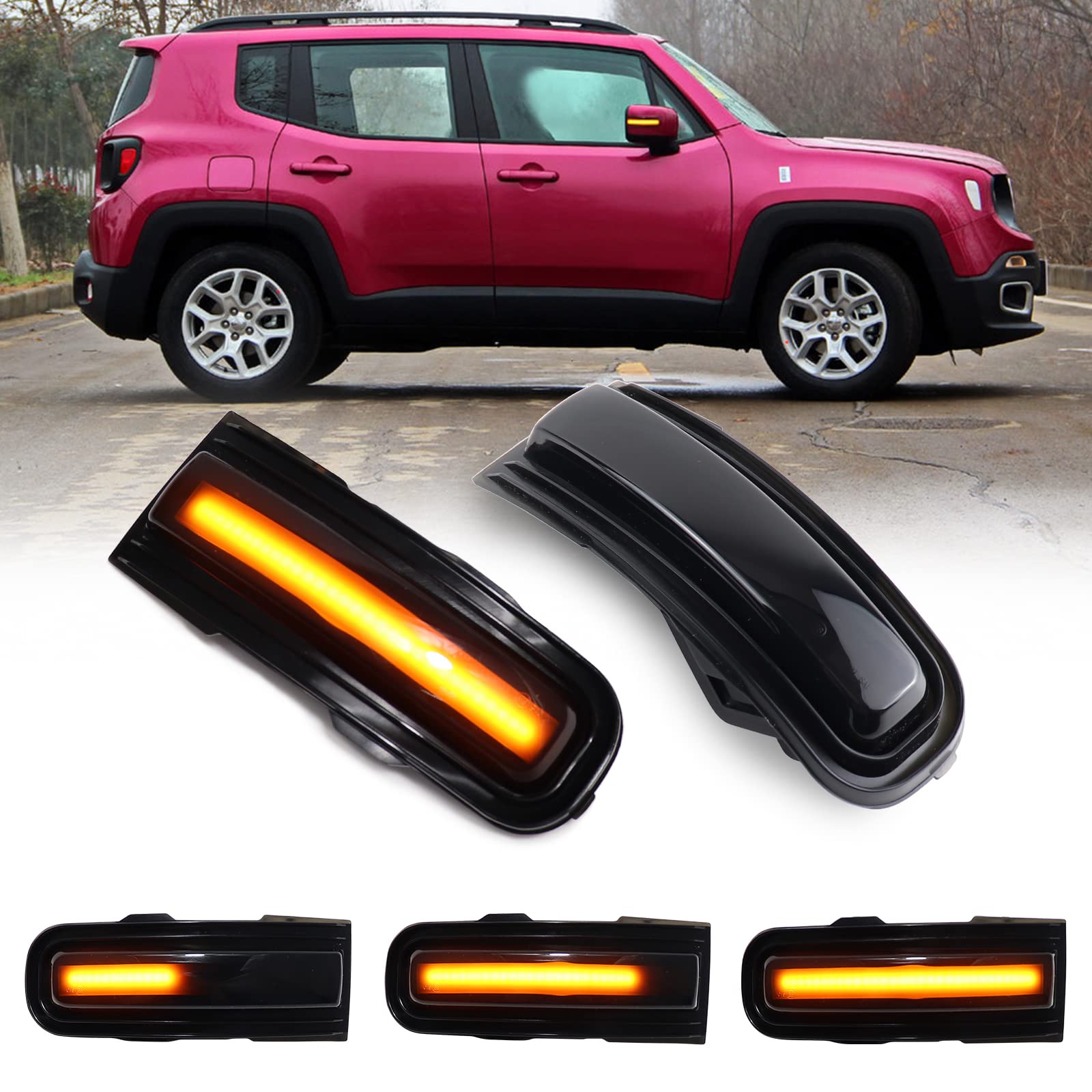 FetonAuto Smoked Lens Sequential LED Amber Side Mirror Turn Signal Marker Lights For Jeep Renegade 2015 2016 2017 2018 2019 2020 2021 2022