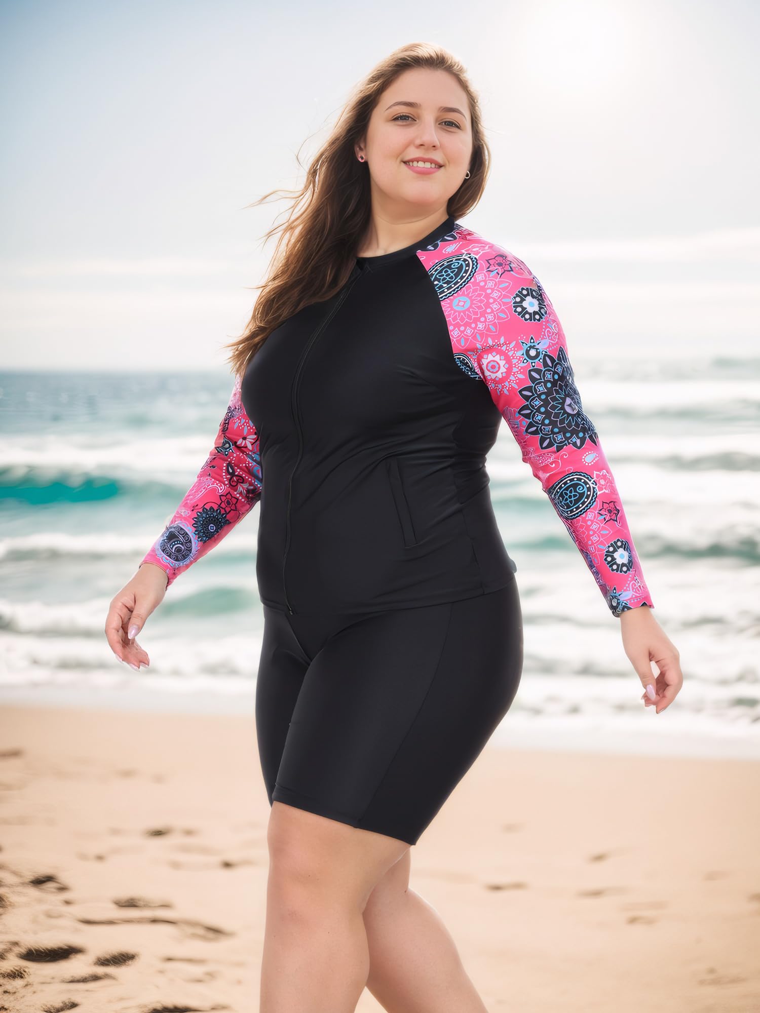 Owntop Maillot de bain 2 pièces UPF 50+ à manches longues avec fermeture éclair et short taille haute pour femme Natation Surf