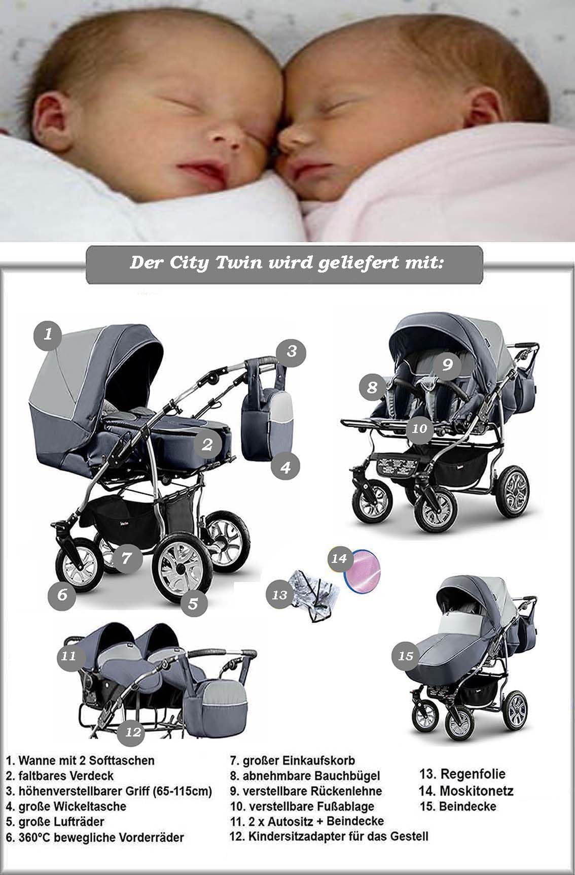 Zwillingskinderwagen 3 in 1 City Twin - 15 Teile - in Farbe Schwarz