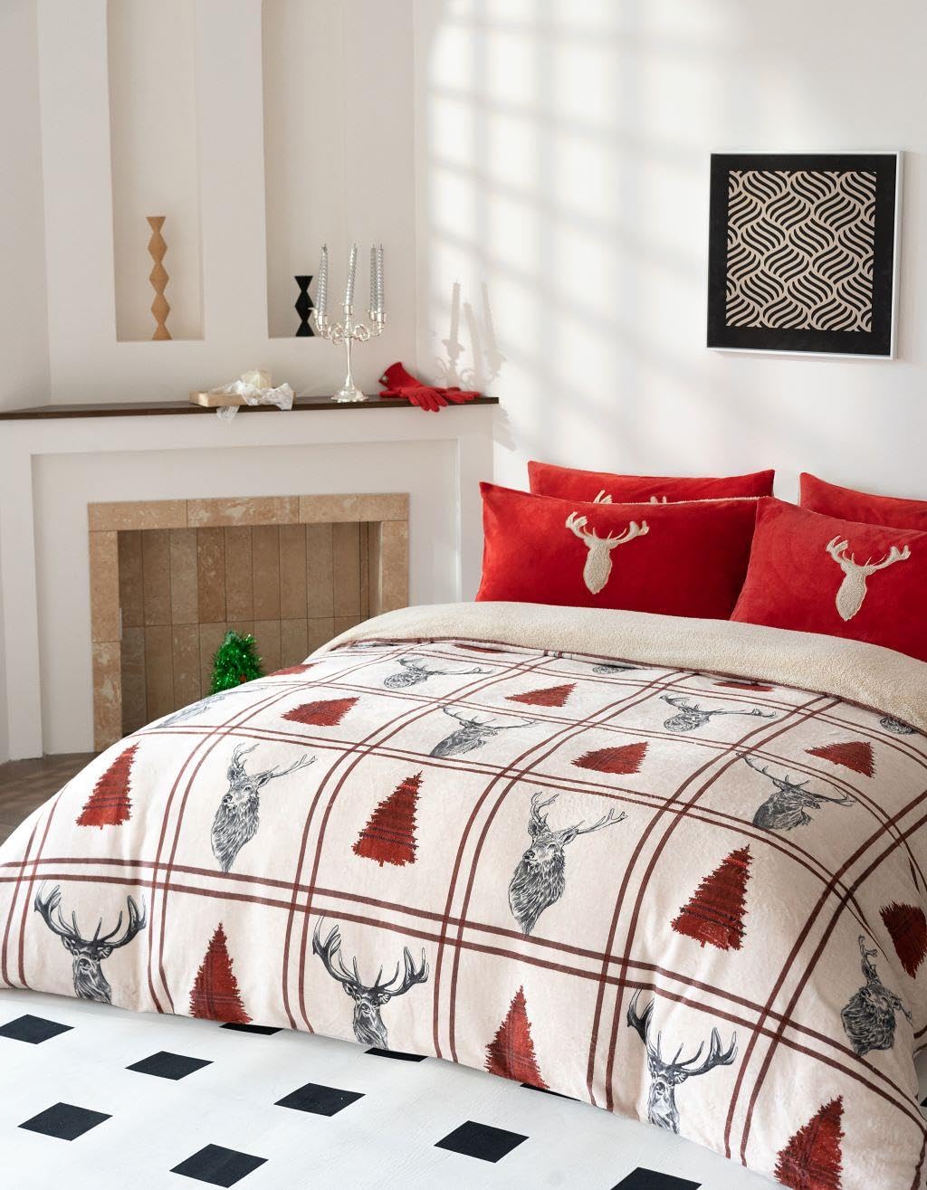 Set copripiumino singolo in pile con cervo e orsacchiotto, colore rosso, per l'inverno