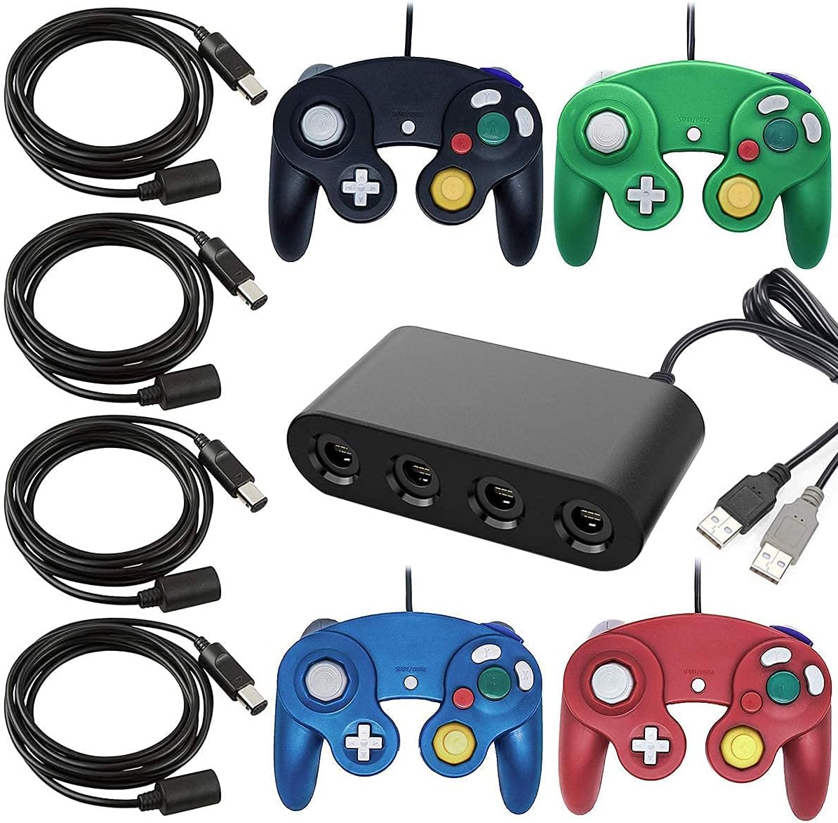 4 Controllers for Gamecube，with 4 Extension Cables and 4-Port USB Adapter for Switch PC Wii U Console (BBRG) (Renewed)