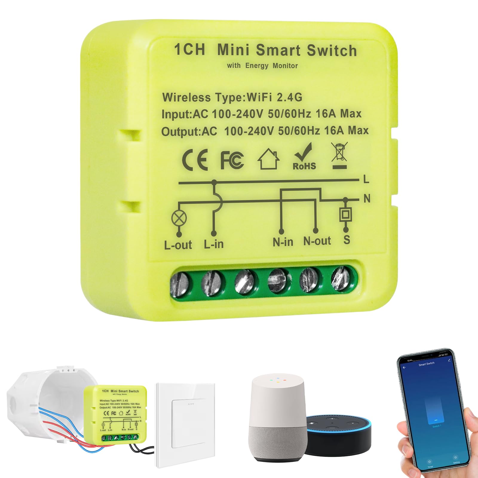 1 unidad interruptor wifi, MINI smart switch, interruptor inteligente, Módulo interruptor de Luz Inteligente bluetooth, Compatible con Smart Life/Tuya App, Alexa, Google Home, (Neutral Wire Required)