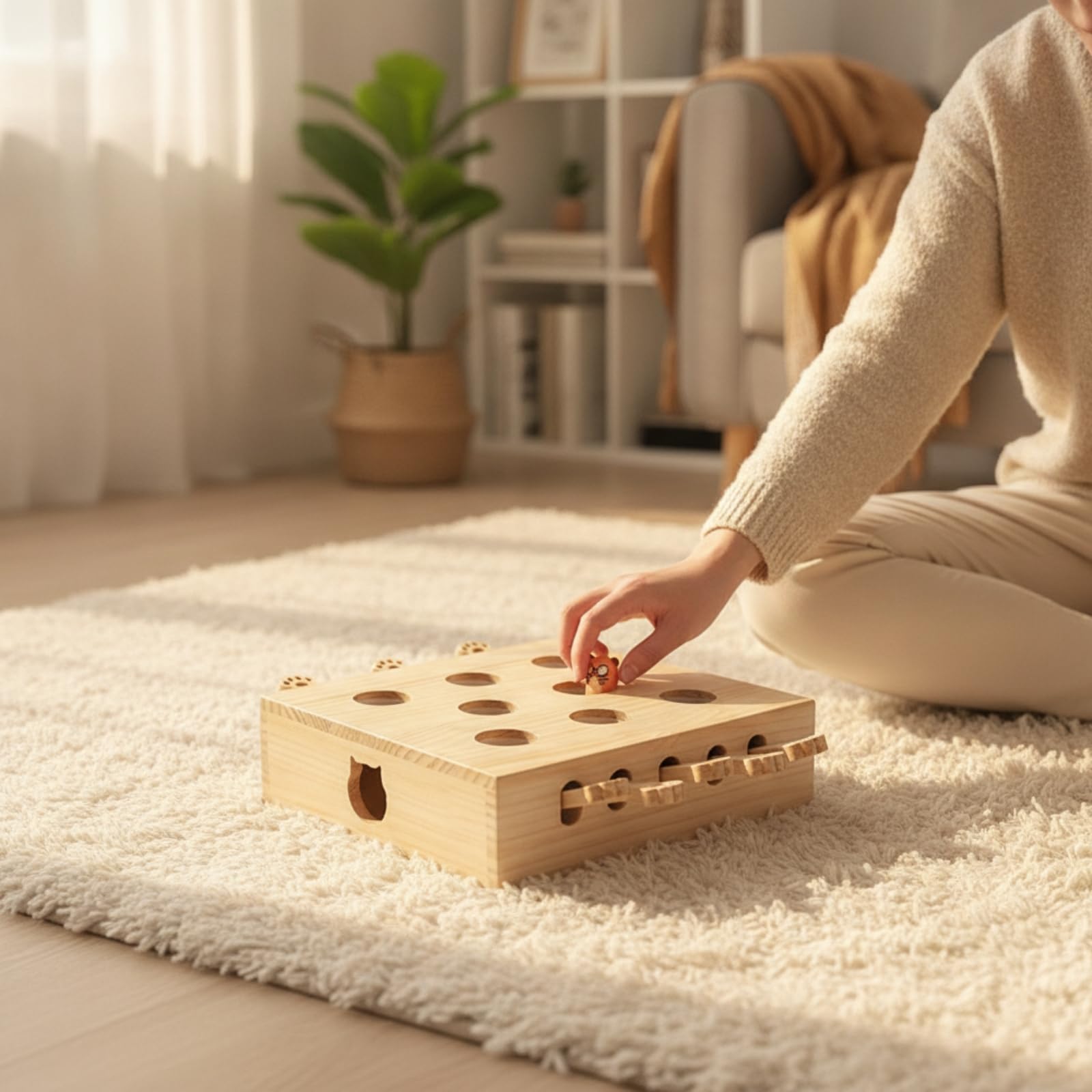 Colcolo Interaktives Katzenspielzeug Holz Katzen Aktivitätsspiel Box Spielzeug mit Spielöffnungen Oben Und Seitlichen Katzenkopf Ausschnitten Kontrollierbare, Style to 2