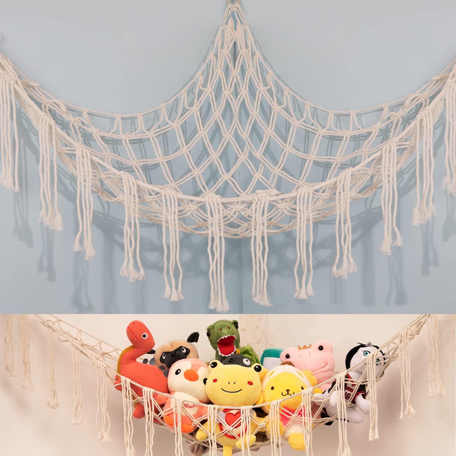 X spring Stuffed Animal Hammock, 55 Inch Stuffed Animals Net or Hammock with Tassel, Hooks and Large Soft Corner Hanging Netting, Mesh Hammock Plush Toy Organizer for Bedroom Nursery