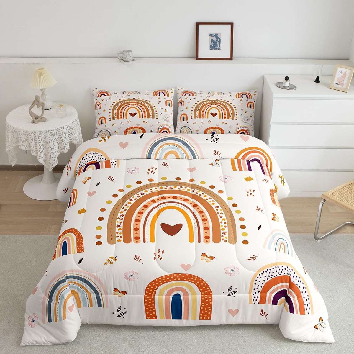 Feelyou Rainbow Comforter Set Twin Size with 1 Pillow Case Rainbow Decorations Comforter Boho Rainbow Quilted Duvet Set Butterfly Bedding Set for Boys Girls Kids Adults