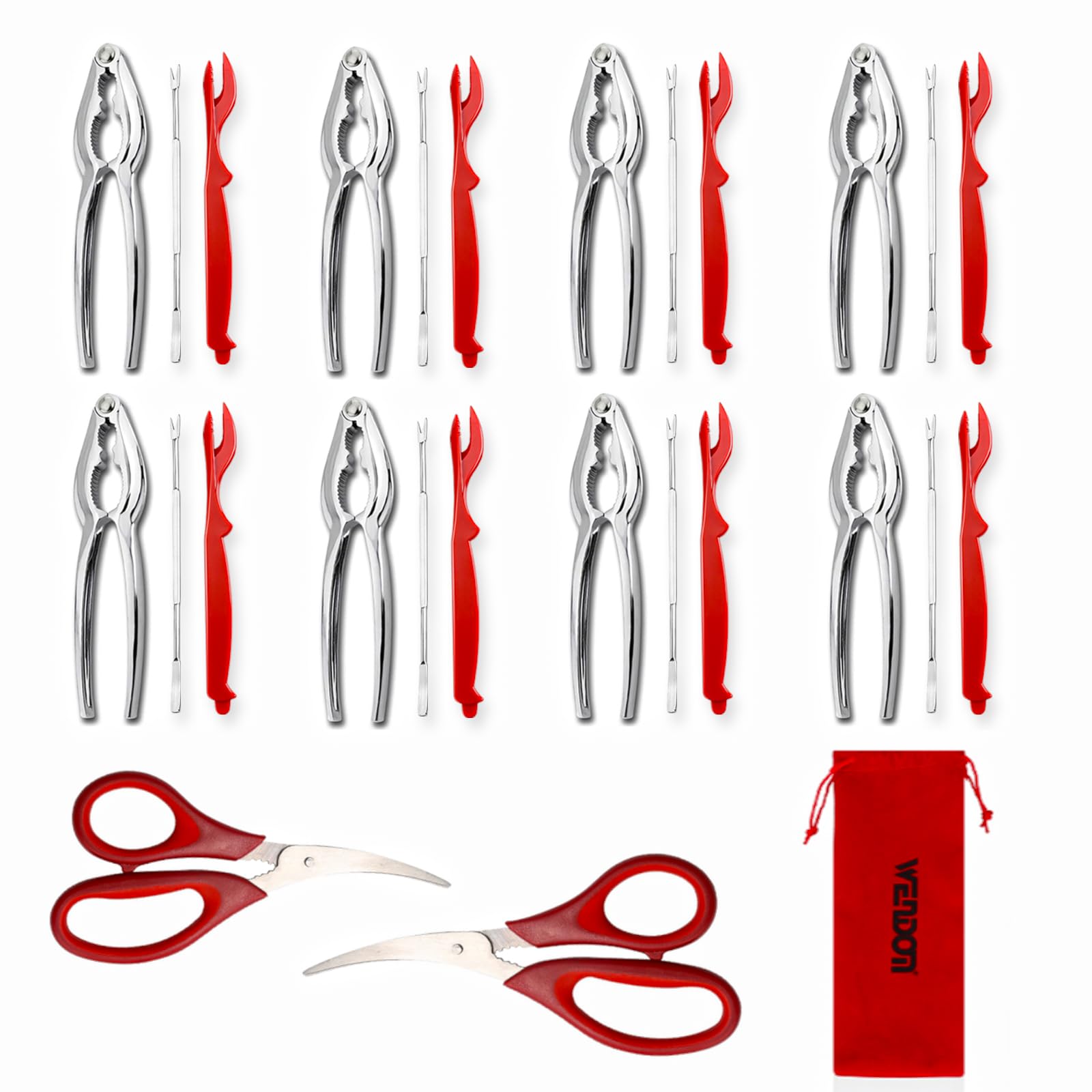 WENDOM Crab Leg Crackers and Tools Set of 8, 27Pcs include 8Crab Crackers,8Lobster Shellers,8Crab Leg Forks/Picks,2Seafood Scissors& Storage Bag Heavy Duty