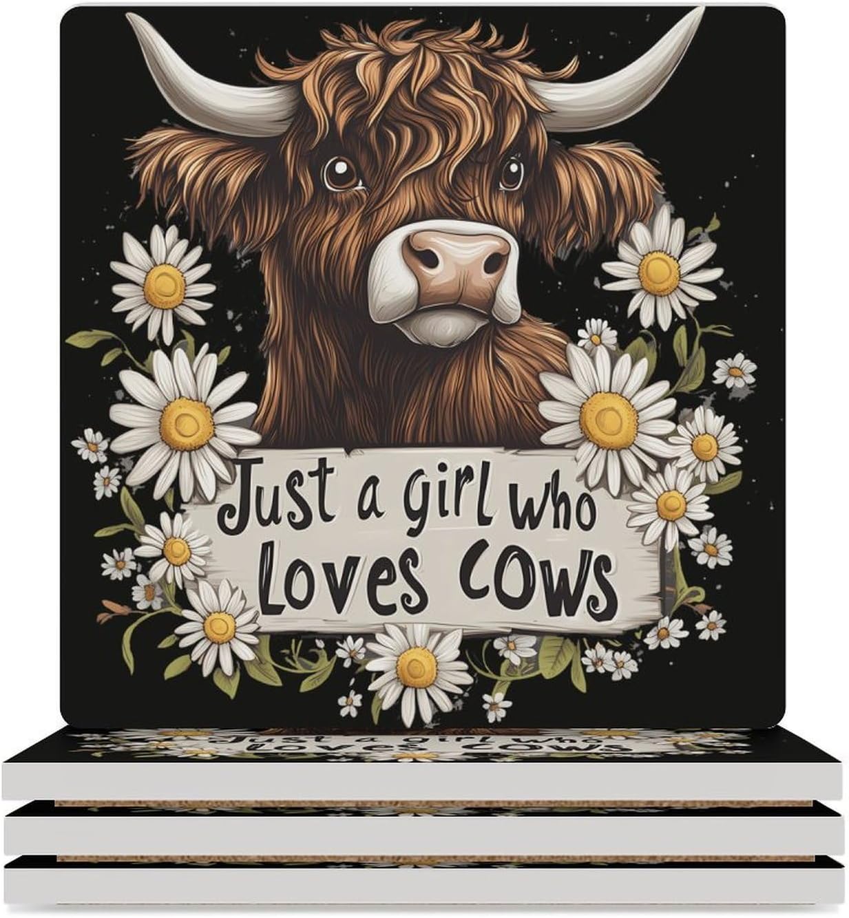Cow Just A Girl Who Loves Cows Ceramic Coasters Set Square Drink Coasters Table Coaster for Kitchen Desktop Decor