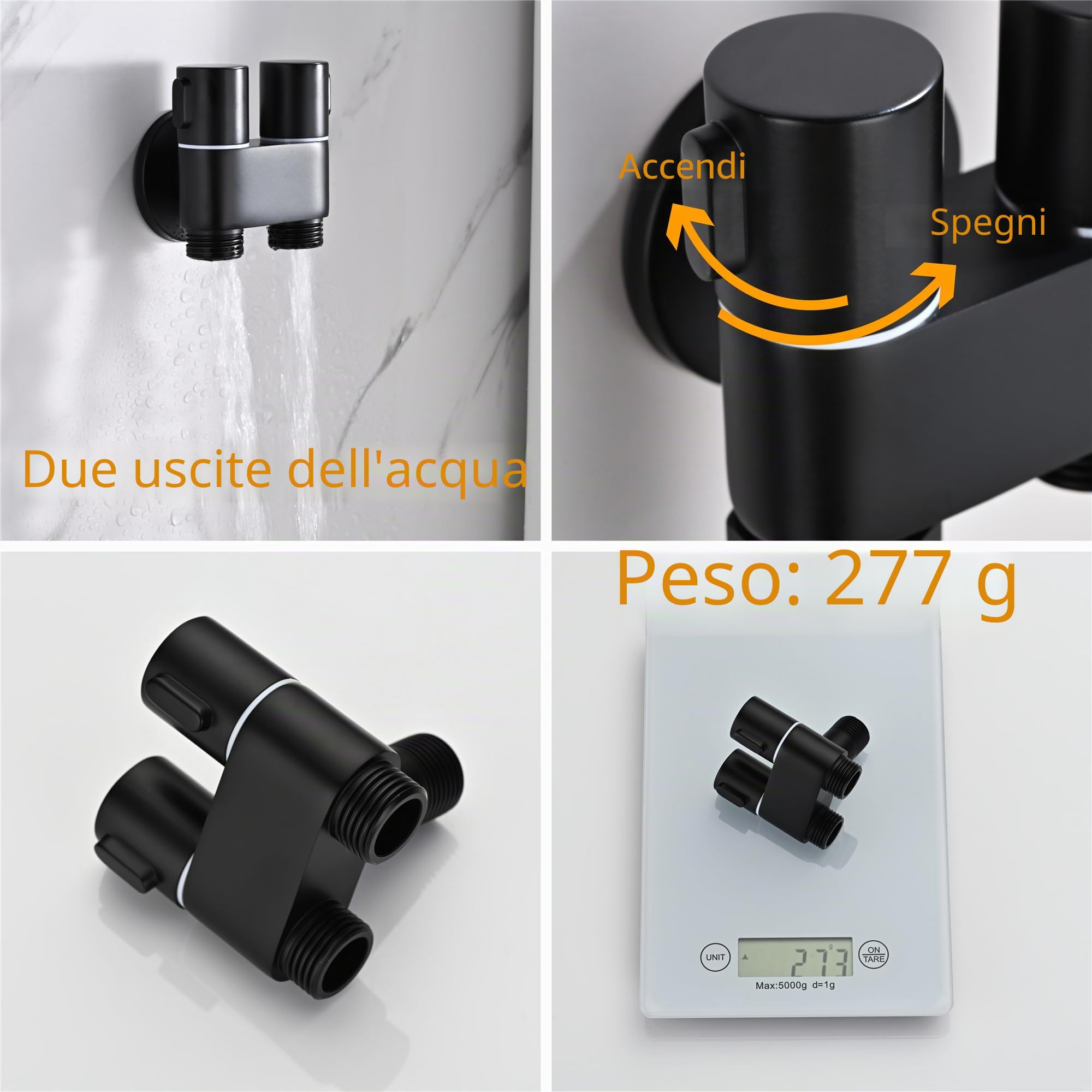 Doccetta per Bidet Nero Spruzzatore per Bidet Ottone Idroscopino per WC, con Uno Dentro Due Fuori Valvola ad Angolo, Spruzzatore a Doppia Funzione in Ottone, 1.2M Tubo Doccia