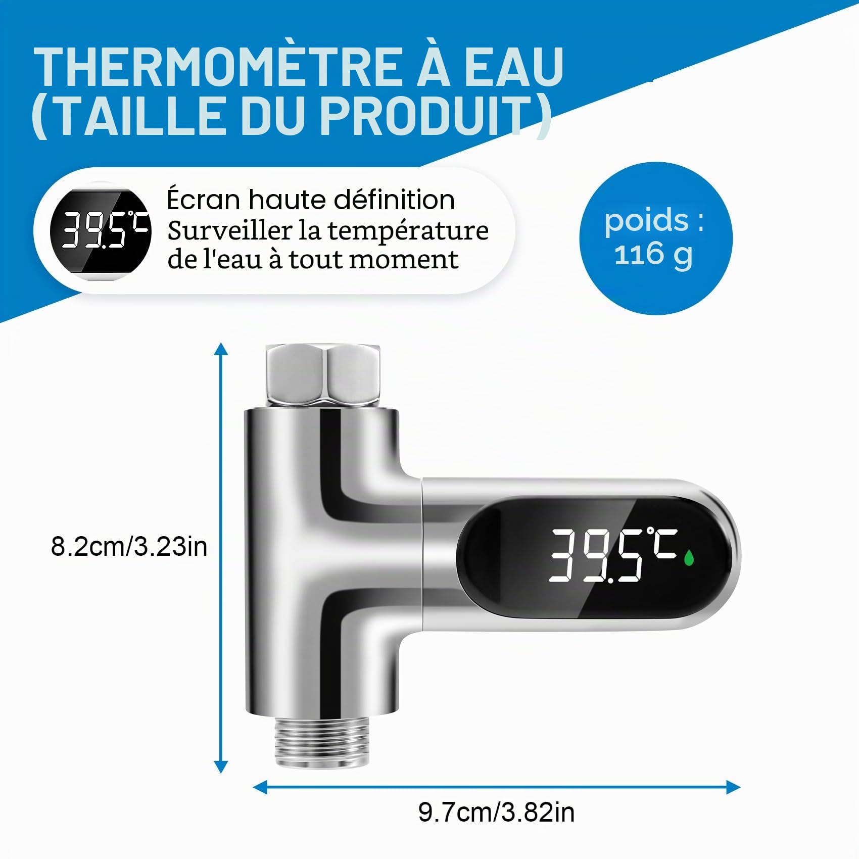 Thermomètre de bain pour - Affichage LED - Débit d' - Thermomètre de douche auto-générateur - Pour le soin de