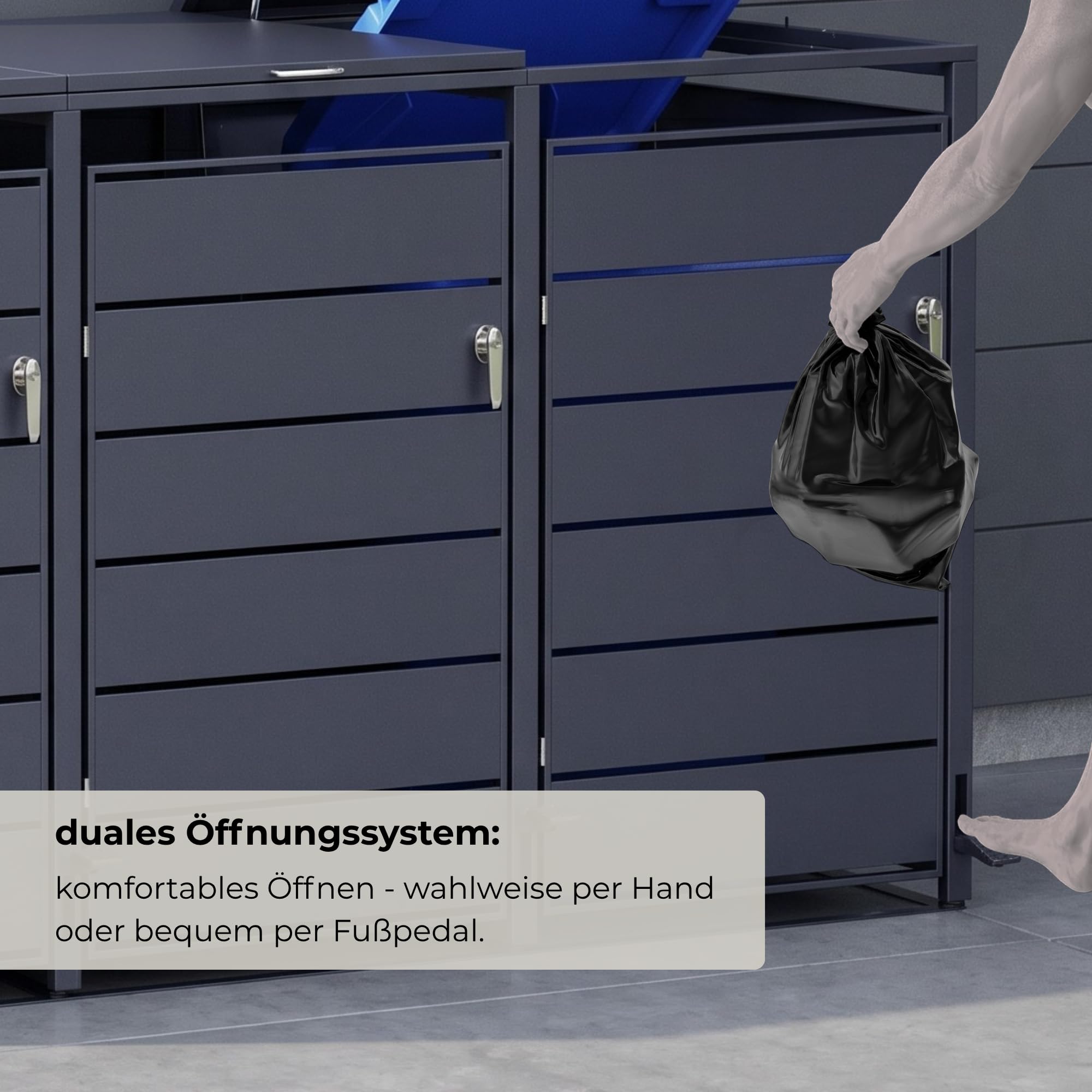 Mülltonnenbox PedBox Fußpedale | Mülltonnen bis 240 Liter | Aluminiumrahmen verzinkte Stahlbleche Anthrazit | Mülltonnenbox Metall verzinkt Deckel und Tor abschließbar (4 x bis 240 Liter)