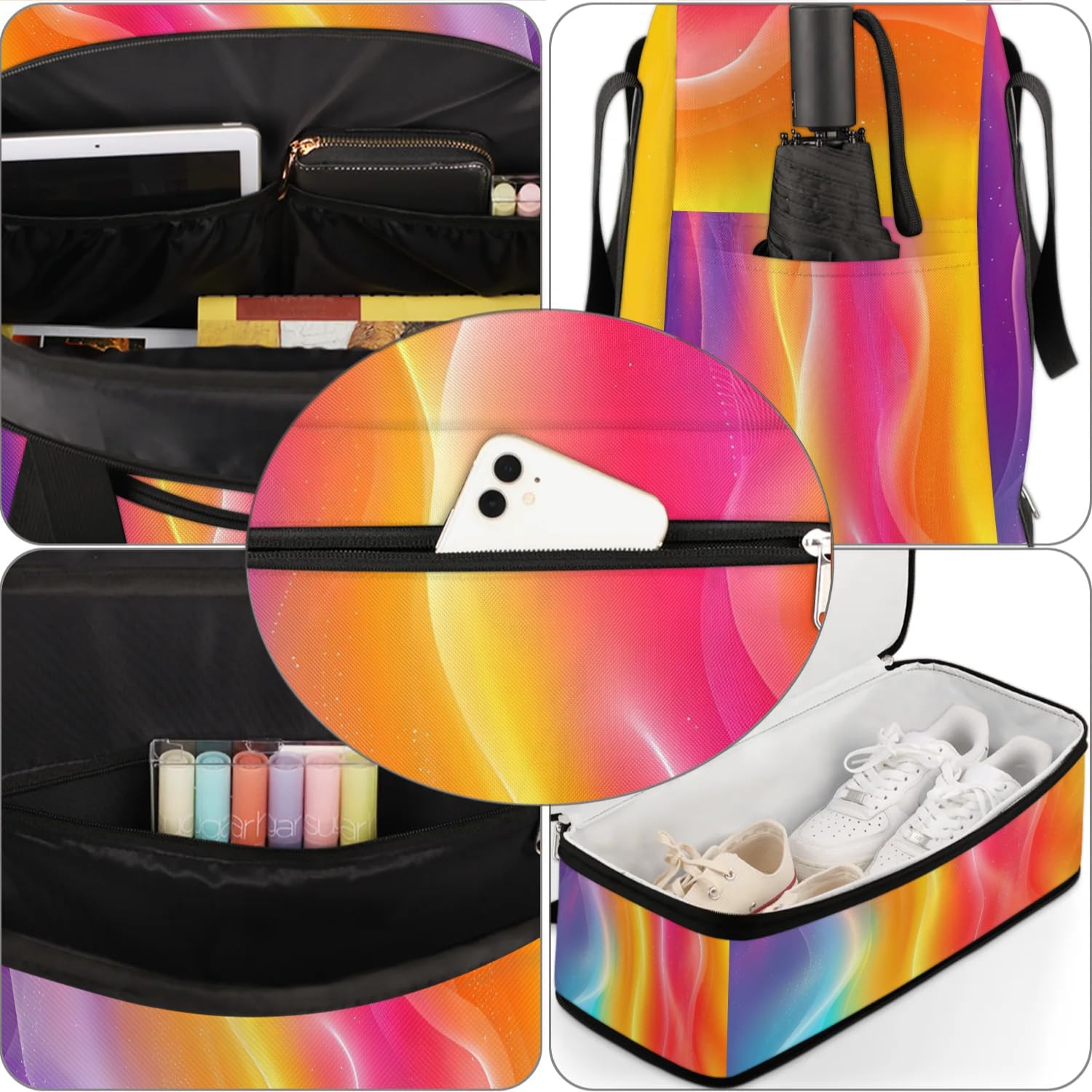 Sports Duffel Bag, Foldable Rainbow Travel Duffel Bag, Gym Yoga Beach Bag Weekender Overnight Bag with Shoes Compartment for Men Women, Colorful Multicolour