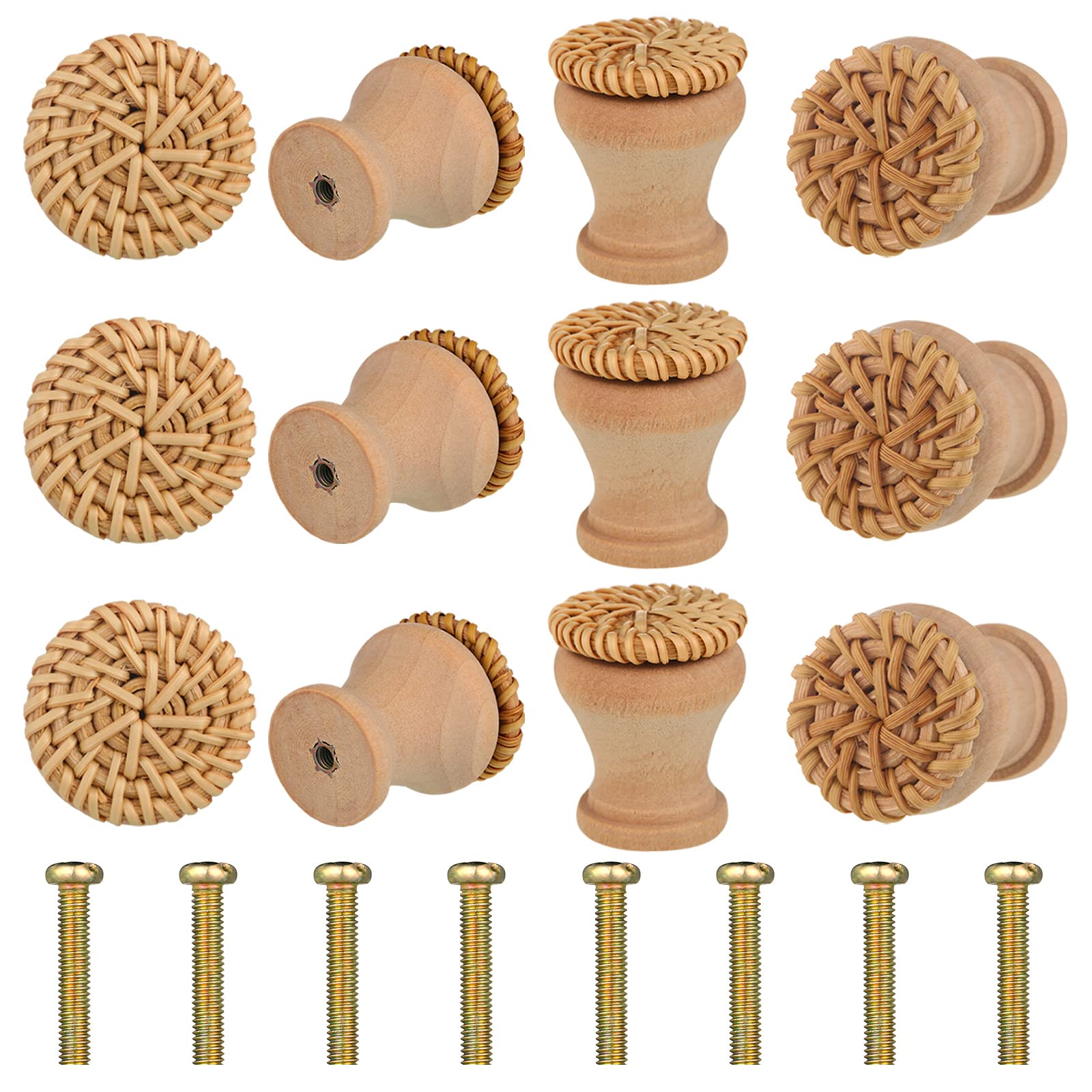 12 Set Boho Dresser Knobs Rattan Knobs with 12 Screws Wicker Woven Decorative Pulls Handles Handmade Boho Dresser Knobs Round Wooden Dresser Handles Wood Rattan Cabinet Furniture Knobs(Basic Style)