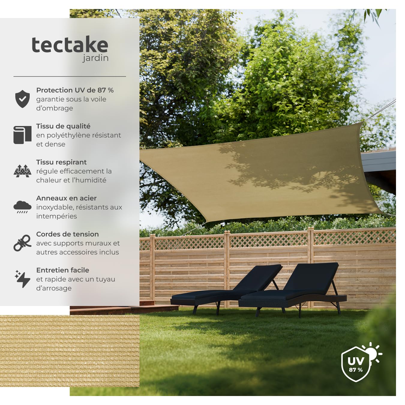 tectake® Voile d'ombrage 5x7m Résistante & Respirante Protection UV 87% Bache Anti UV Toile ombrage Exterieur Toile Tendue 185 g/m² avec Câbles de Tension pour Balcon Terrasse Exterieur Piscine Patio