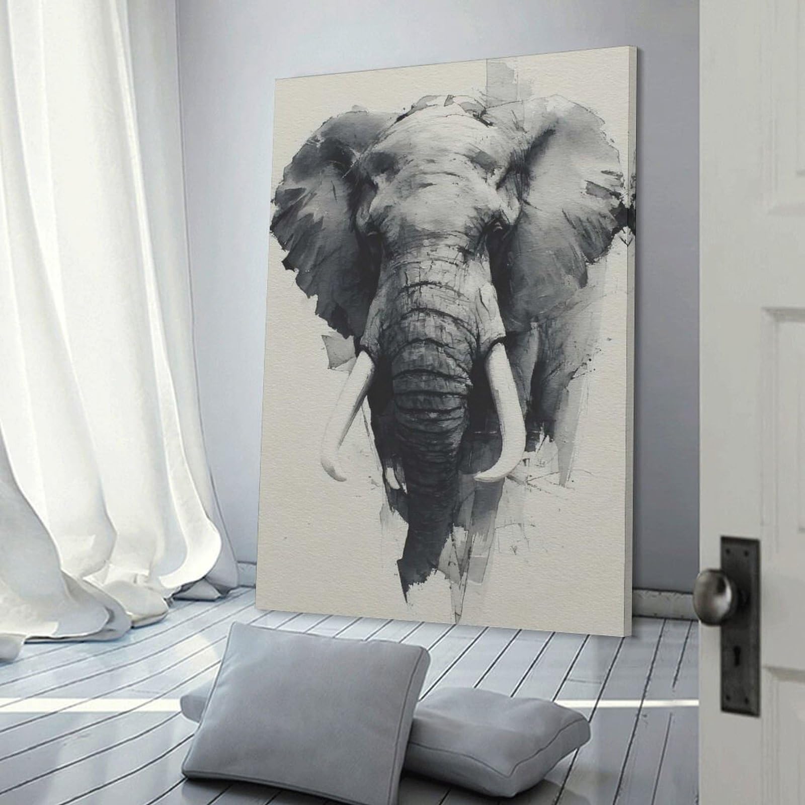 Junmoney Canvas Wall Decor Elephant Portrait in Grayscale Watercolor Style, 24x36inch(60x90cm), for Restful Interiors, Bedrooms Or Small Rooms, Canvas Wall Decor for Personal Spaces