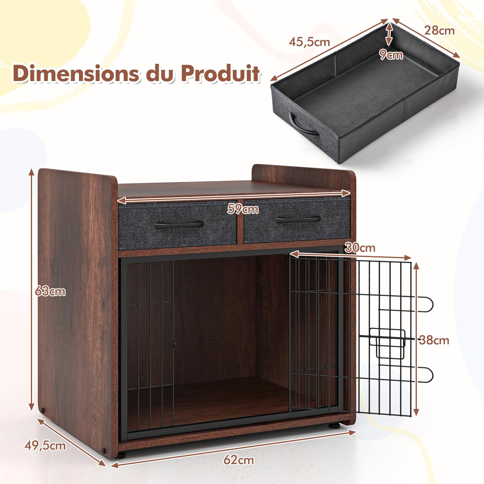 GYMAX Cage Chien Intérieur avec Rangement, Niche pour Animaux, avec 2 Tiroirs Amovibles, Porte Verrouillable, Repose-Pieds Réglables, Meuble Style Industriel, pour Animaux de Petite et Moyenne Taille
