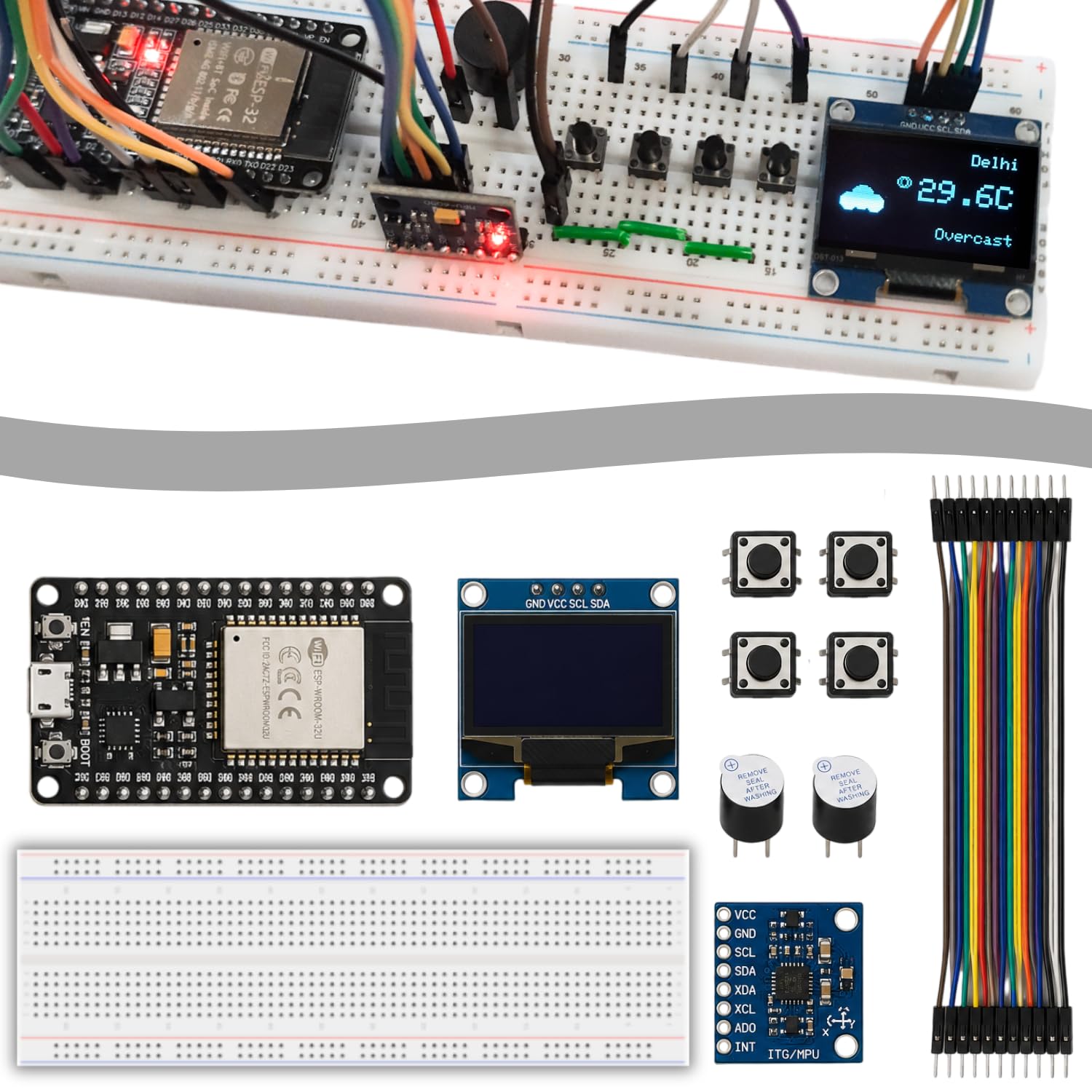 diy wifi smart clock kit | pre-programmed esp32, oled display, mpu-6050 sensor, breadboard, m2m wires (20 pcs), push buttons, buzzers