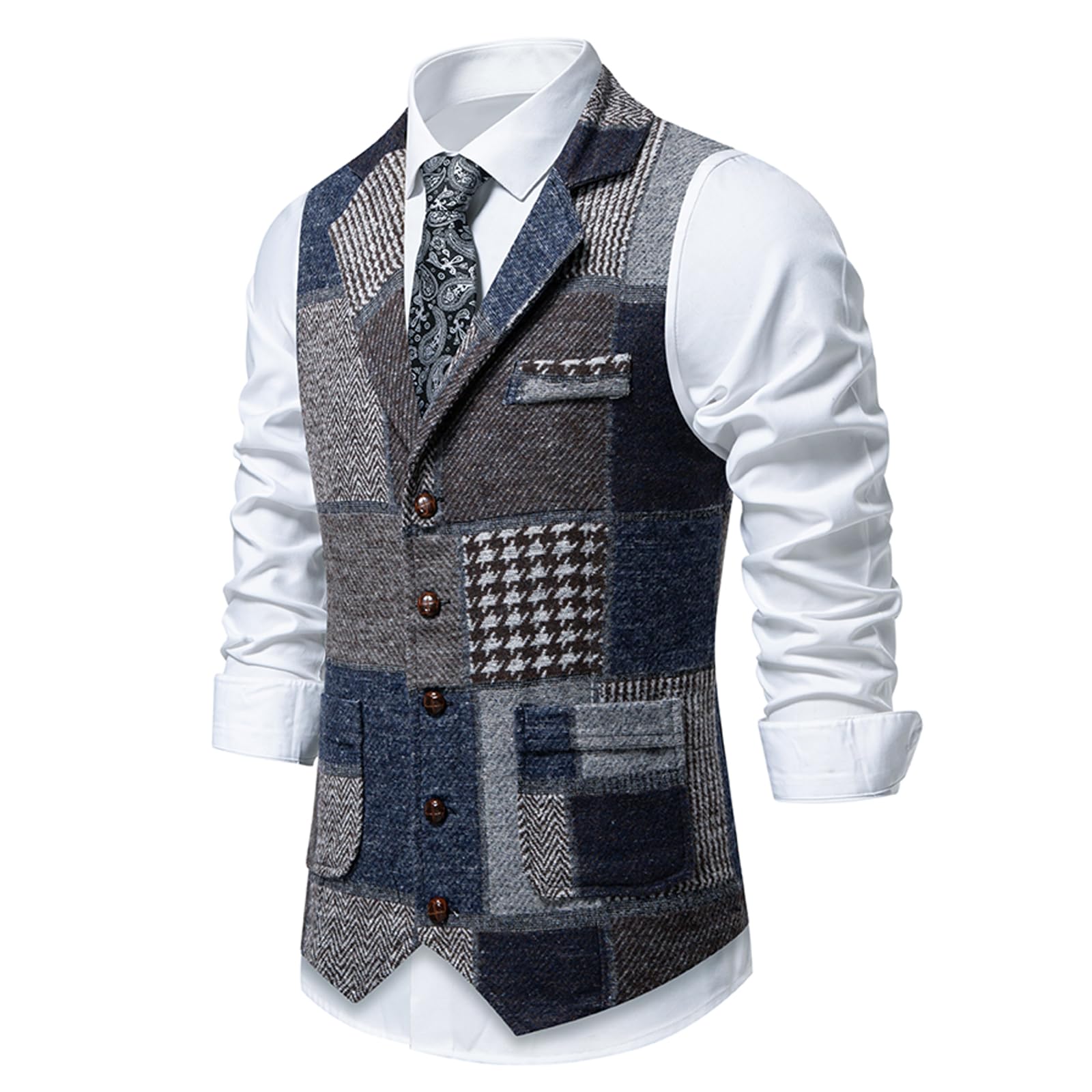 MakingDa Chaleco de traje para hombre, casual, vintage, patchwork, ajustado, cuello en V, con bolsillo